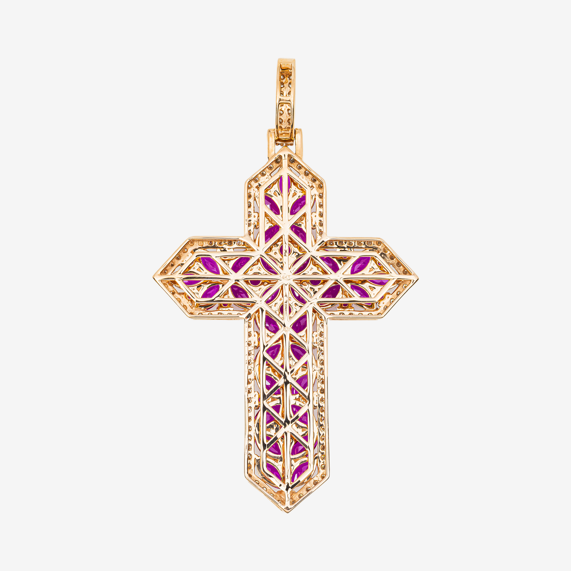 14K RUBY & DIAMOND FLORAL MARQUISE & ROUND RUBY STATEMENT CROSS PENDANT IN RG