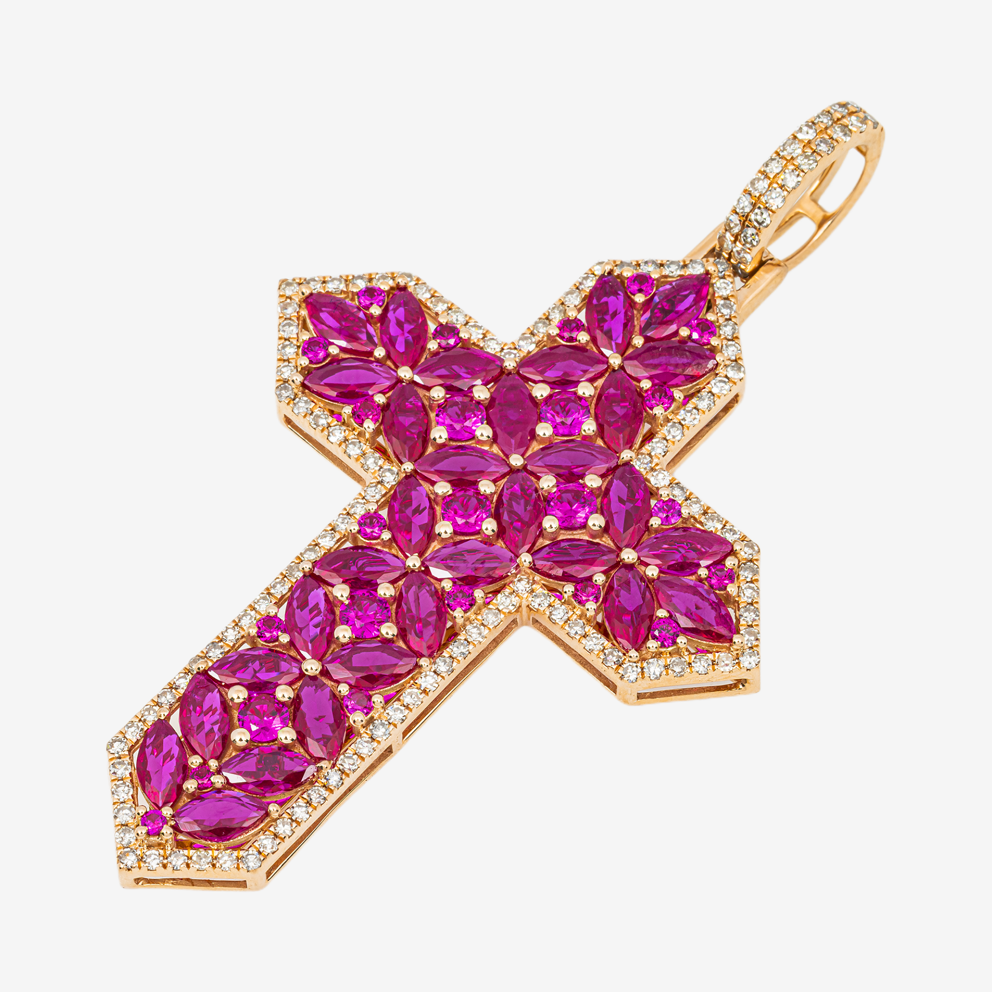 14K RUBY & DIAMOND FLORAL MARQUISE & ROUND RUBY STATEMENT CROSS PENDANT IN RG