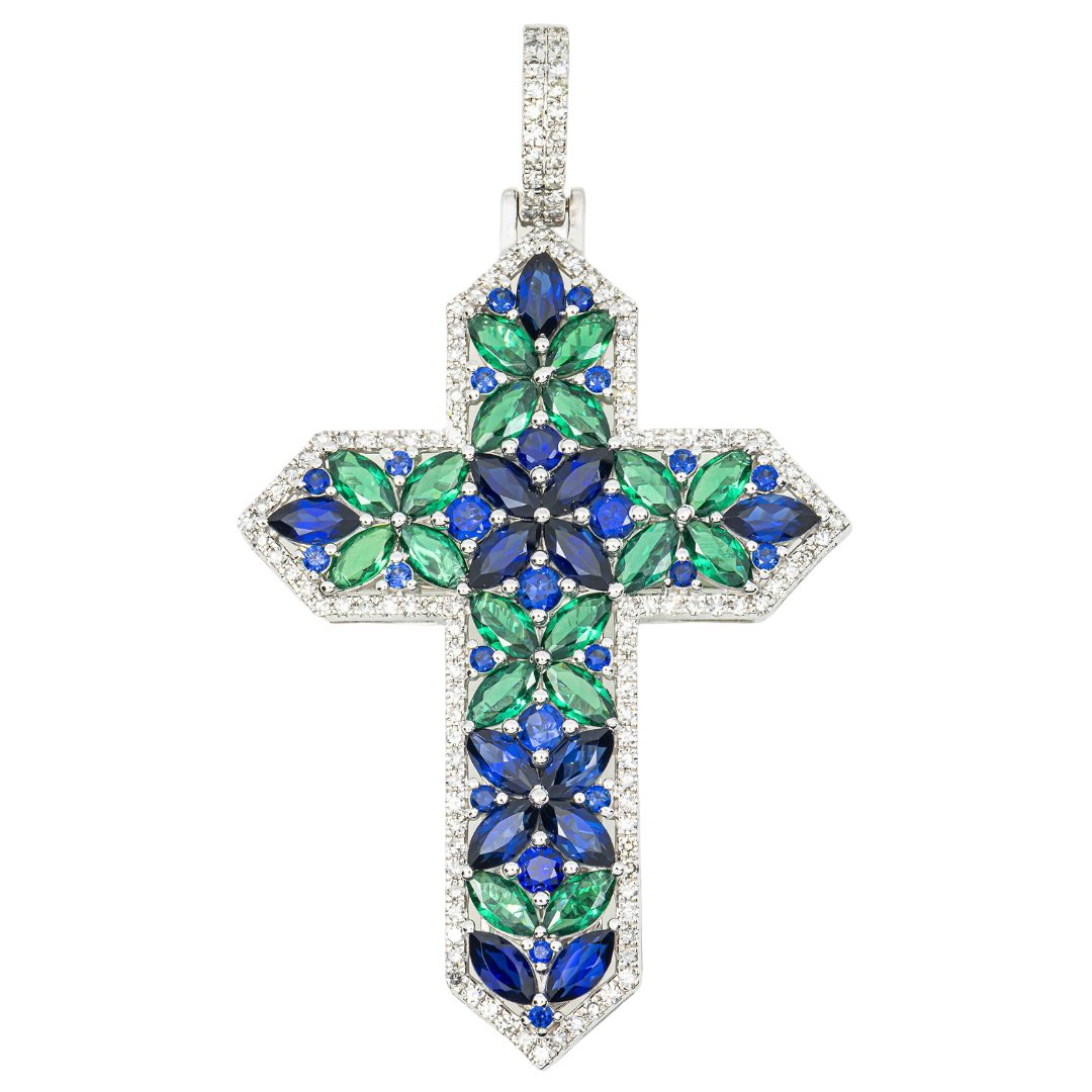 14K EMERALD & BLUE SAPPHIRE DIAMOND MARQUISE FLORAL CLUSTER CROSS PENDANT IN WG
