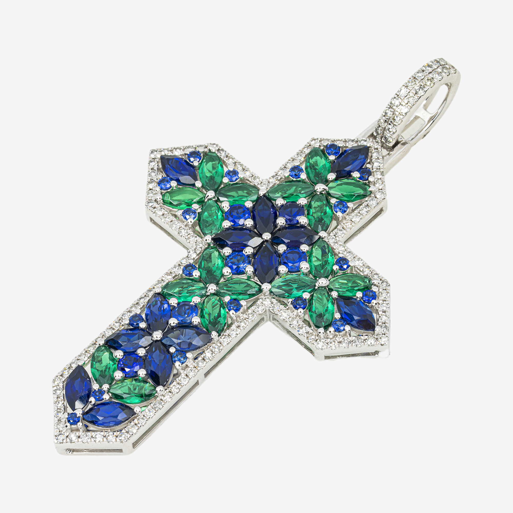 14K EMERALD & BLUE SAPPHIRE DIAMOND MARQUISE FLORAL CLUSTER CROSS PENDANT IN WG
