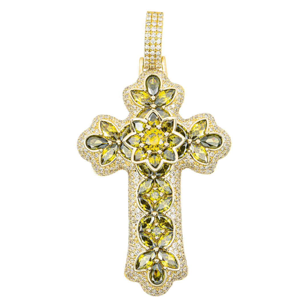 14K PERIDOT & OLIVE SAPPHIRE DIAMOND MARQUISE FLORAL CLUSTER CROSS PENDANT IN YG