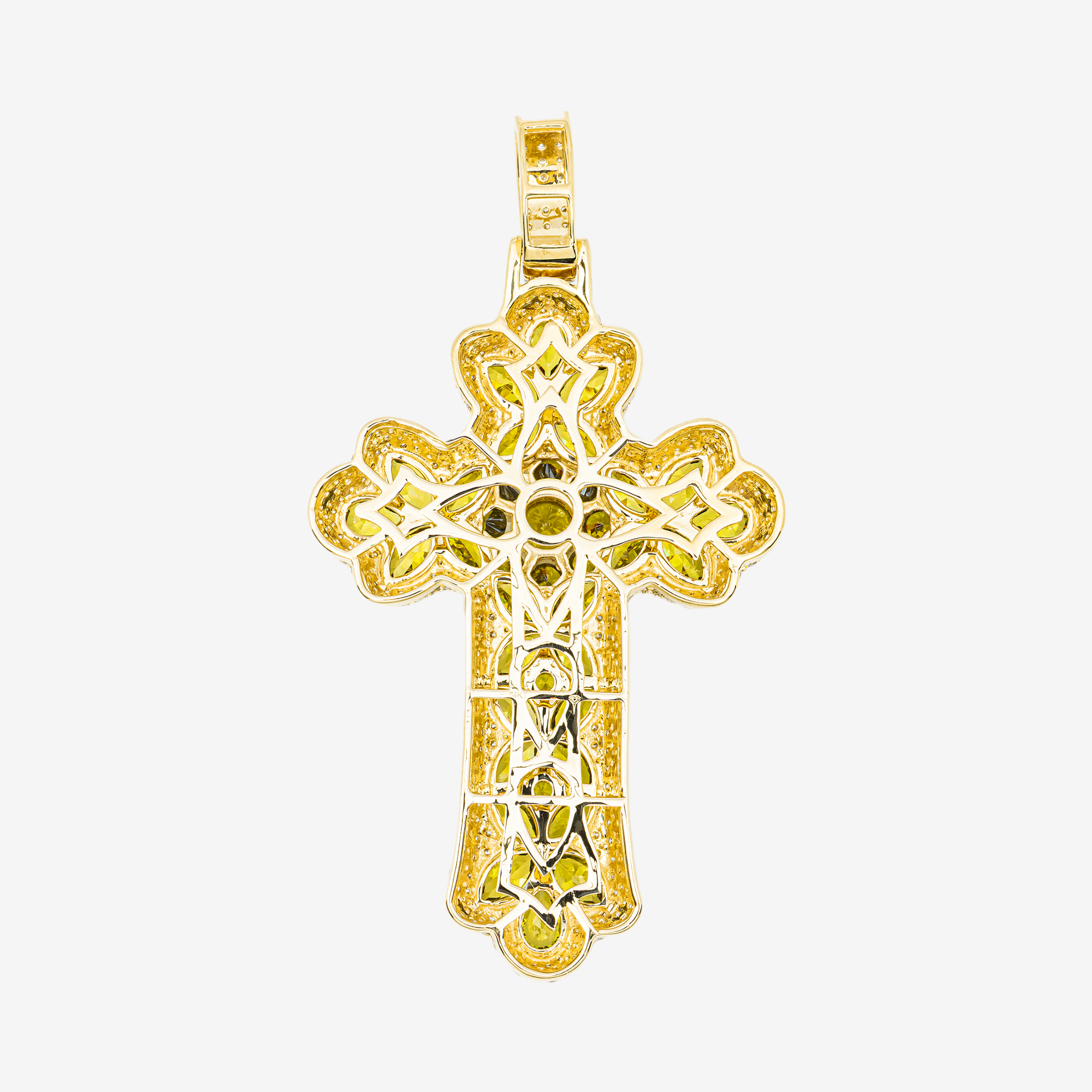 14K PERIDOT & OLIVE SAPPHIRE DIAMOND MARQUISE FLORAL CLUSTER CROSS PENDANT IN YG