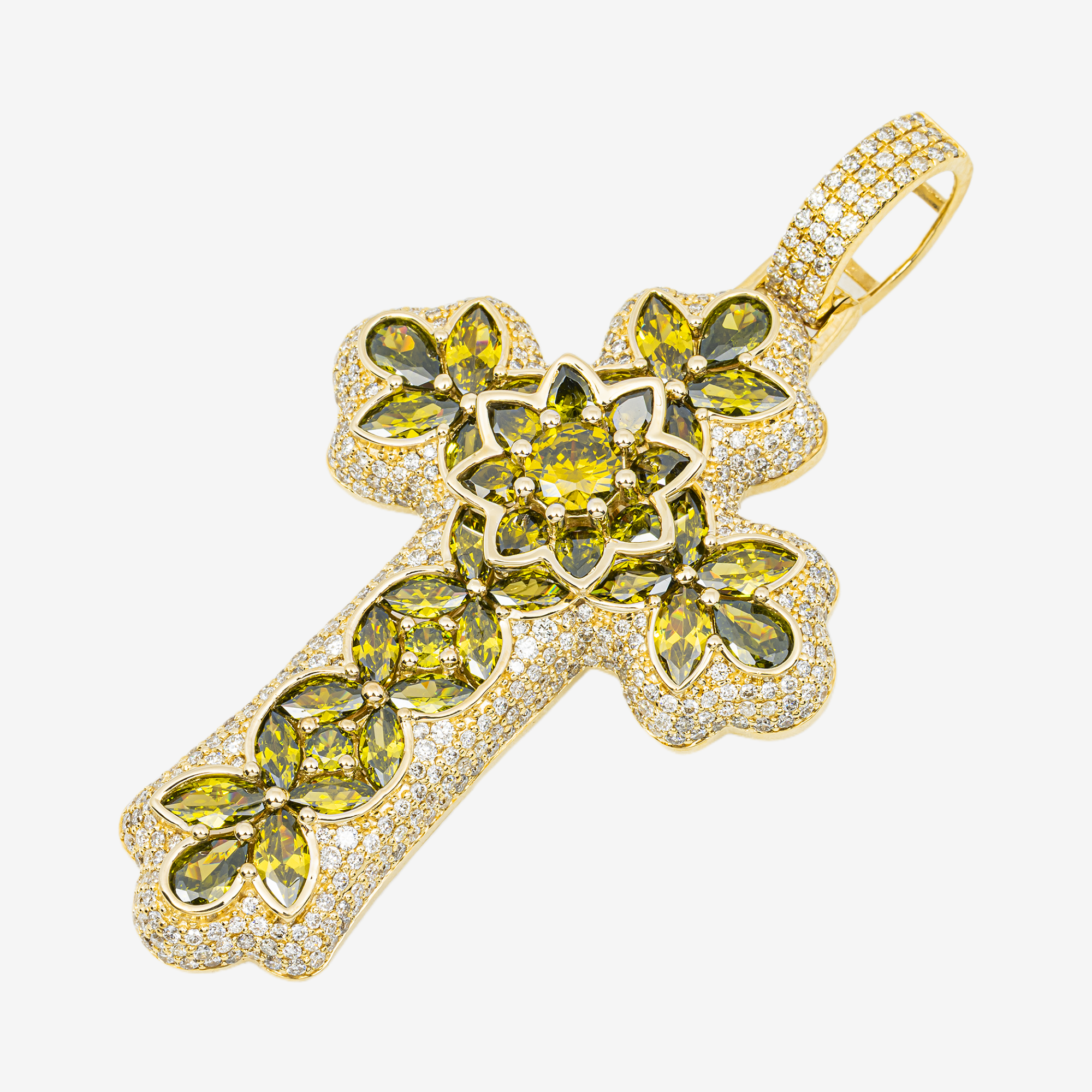 14K PERIDOT & OLIVE SAPPHIRE DIAMOND MARQUISE FLORAL CLUSTER CROSS PENDANT IN YG