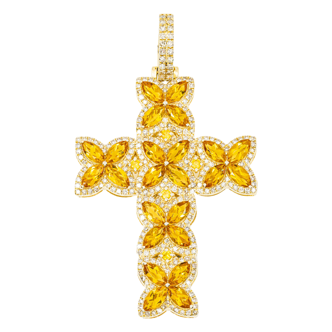 14K CITRINE & DIAMOND FLORAL MARQUISE CUT CLUSTER CROSS PENDANT IN YG