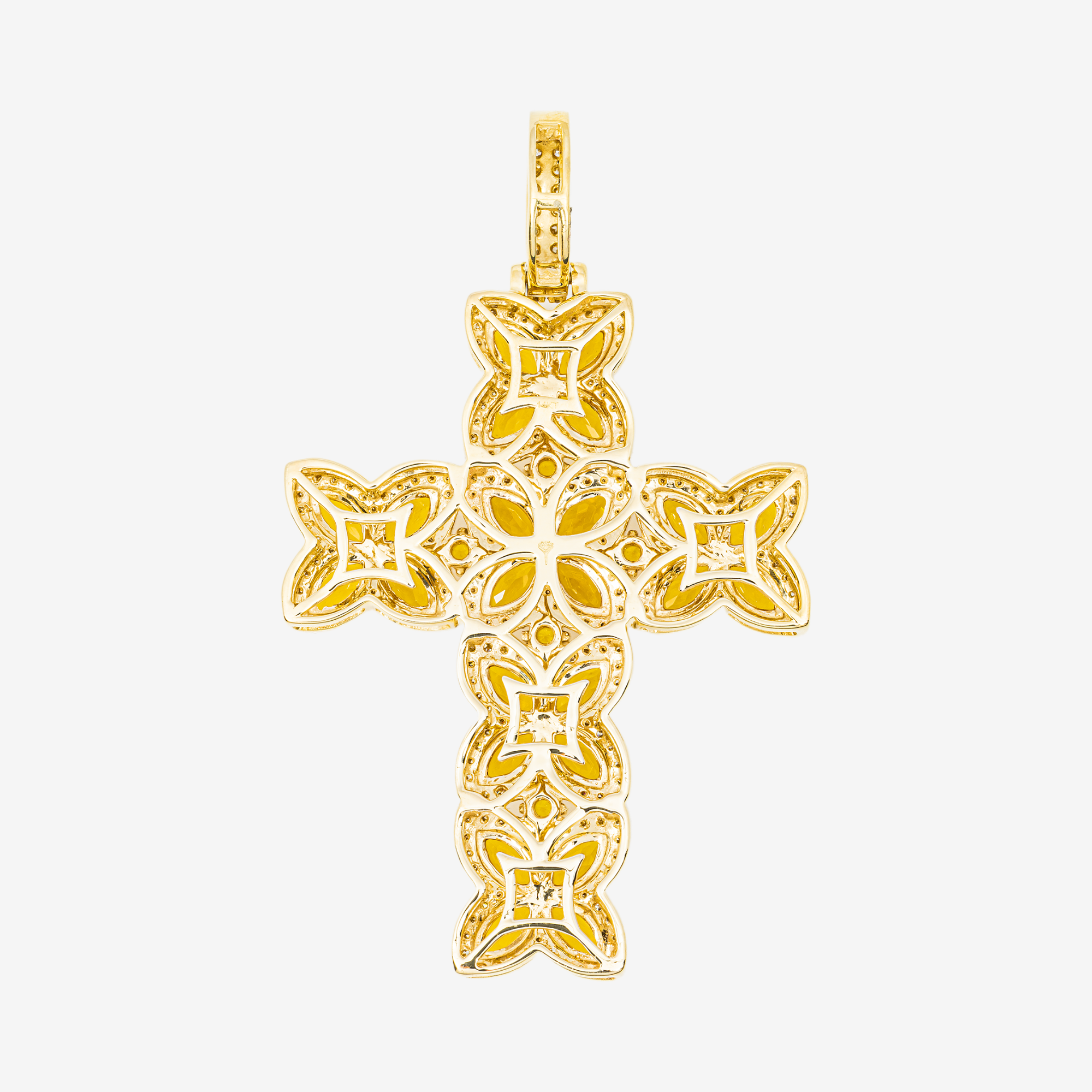 14K CITRINE & DIAMOND FLORAL MARQUISE CUT CLUSTER CROSS PENDANT IN YG