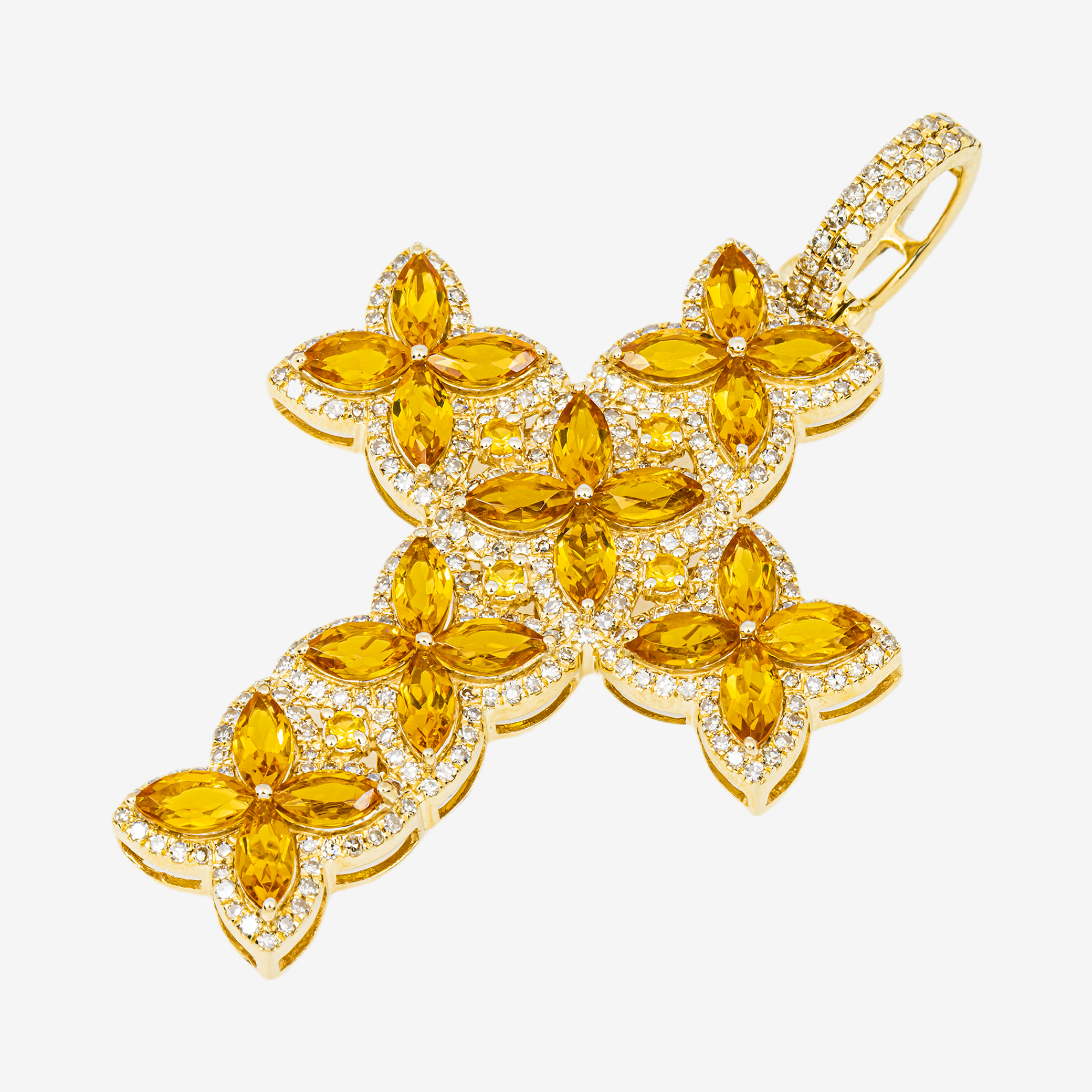 14K CITRINE & DIAMOND FLORAL MARQUISE CUT CLUSTER CROSS PENDANT IN YG