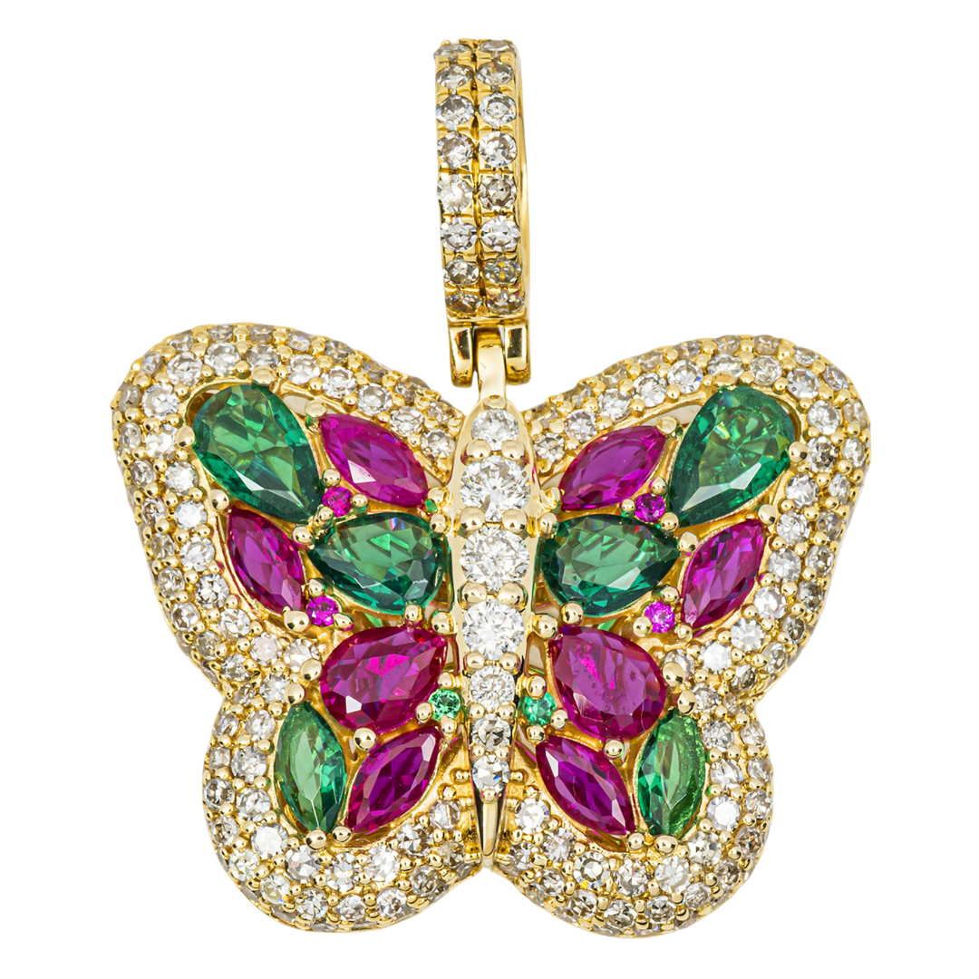 14K RUBY EMERALD & DIAMOND MARQUISE PAVE GEMSTONE BUTTERFLY PENDANT IN YG