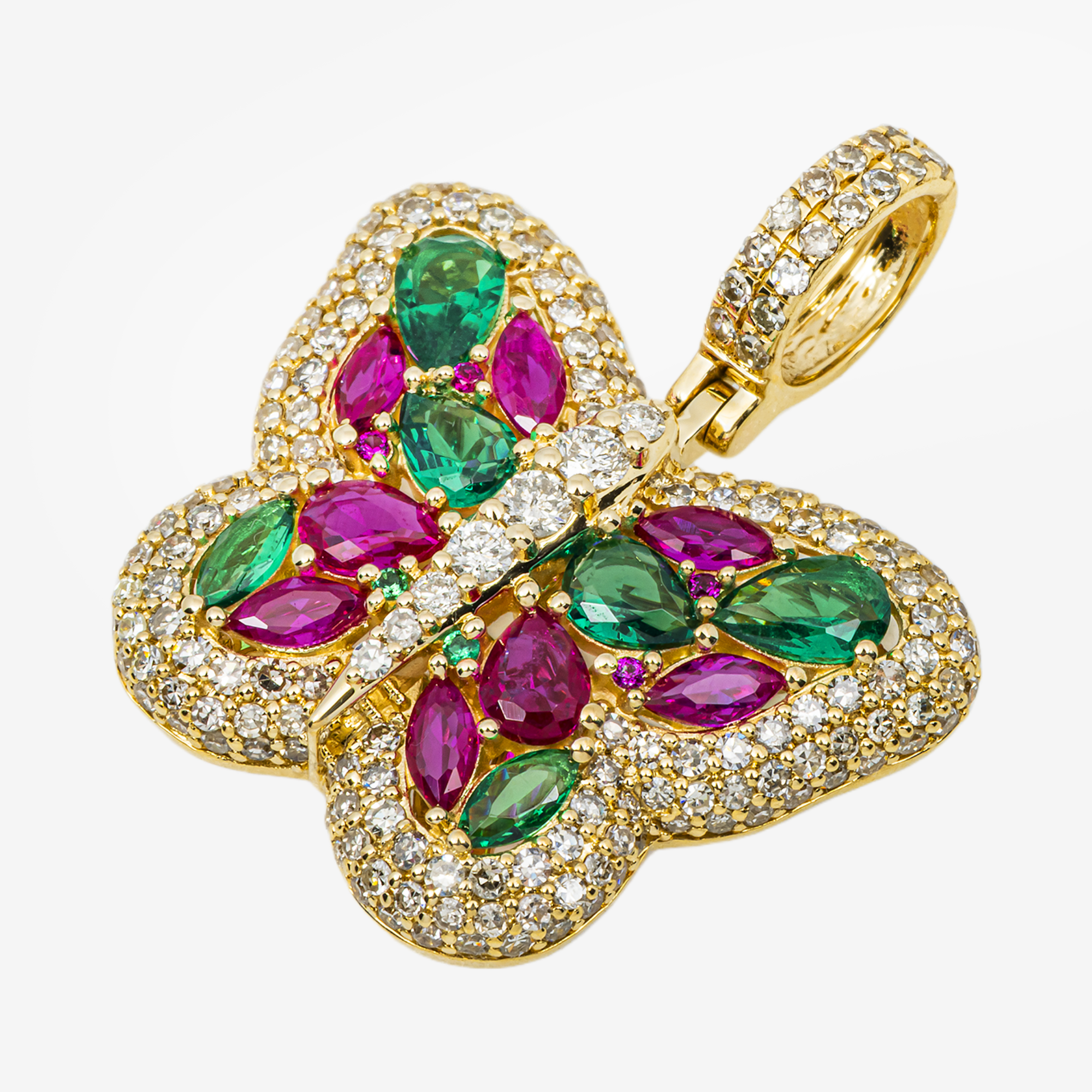 14K RUBY EMERALD & DIAMOND MARQUISE PAVE GEMSTONE BUTTERFLY PENDANT IN YG