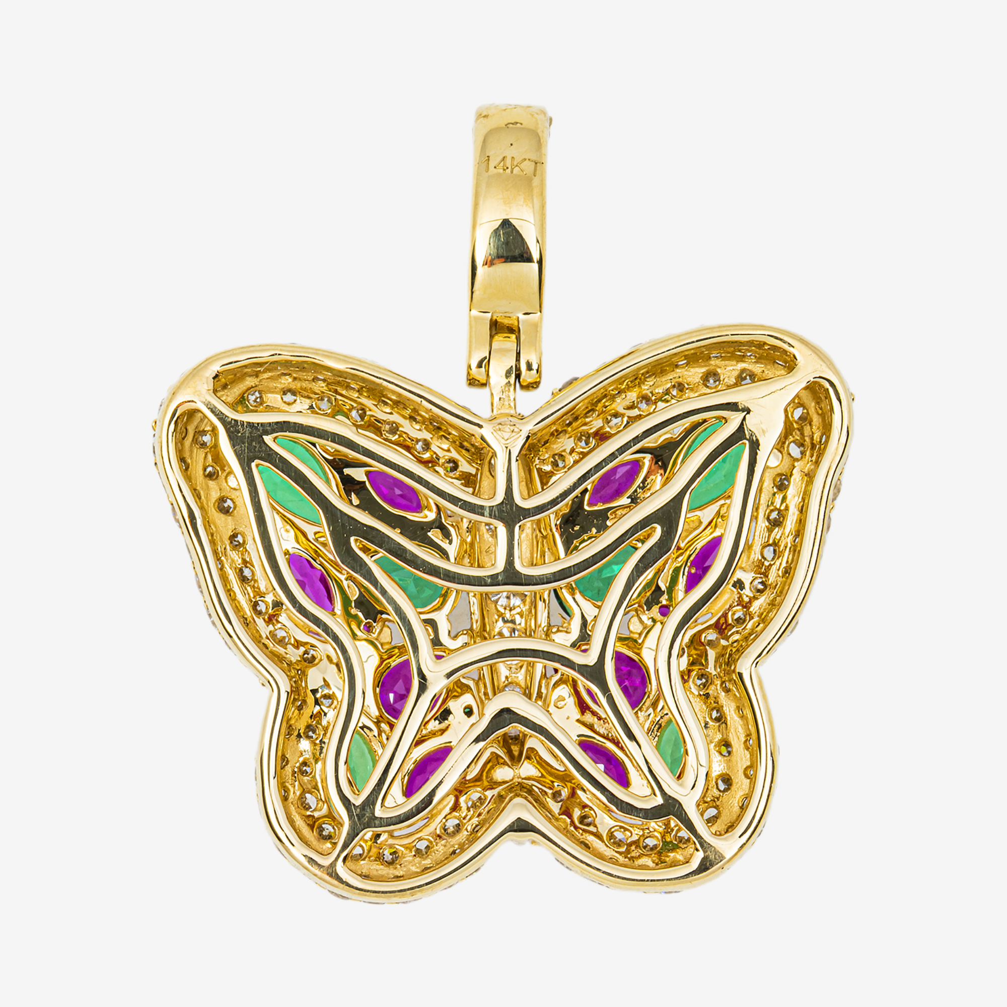 14K RUBY EMERALD & DIAMOND MARQUISE PAVE GEMSTONE BUTTERFLY PENDANT IN YG