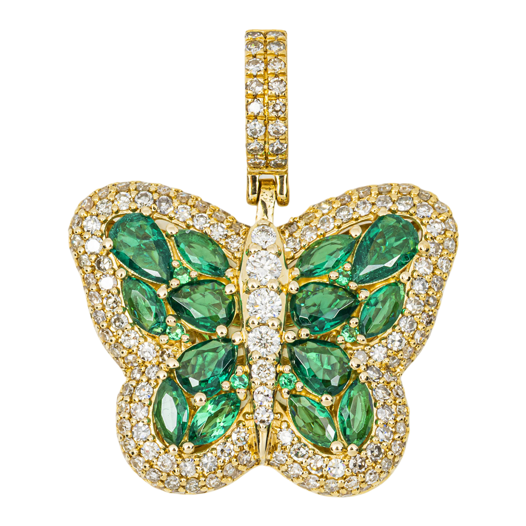 14K EMERALD & DIAMOND MARQUISE CUT PAVE GEMSTONE BUTTERFLY PENDANT IN YG