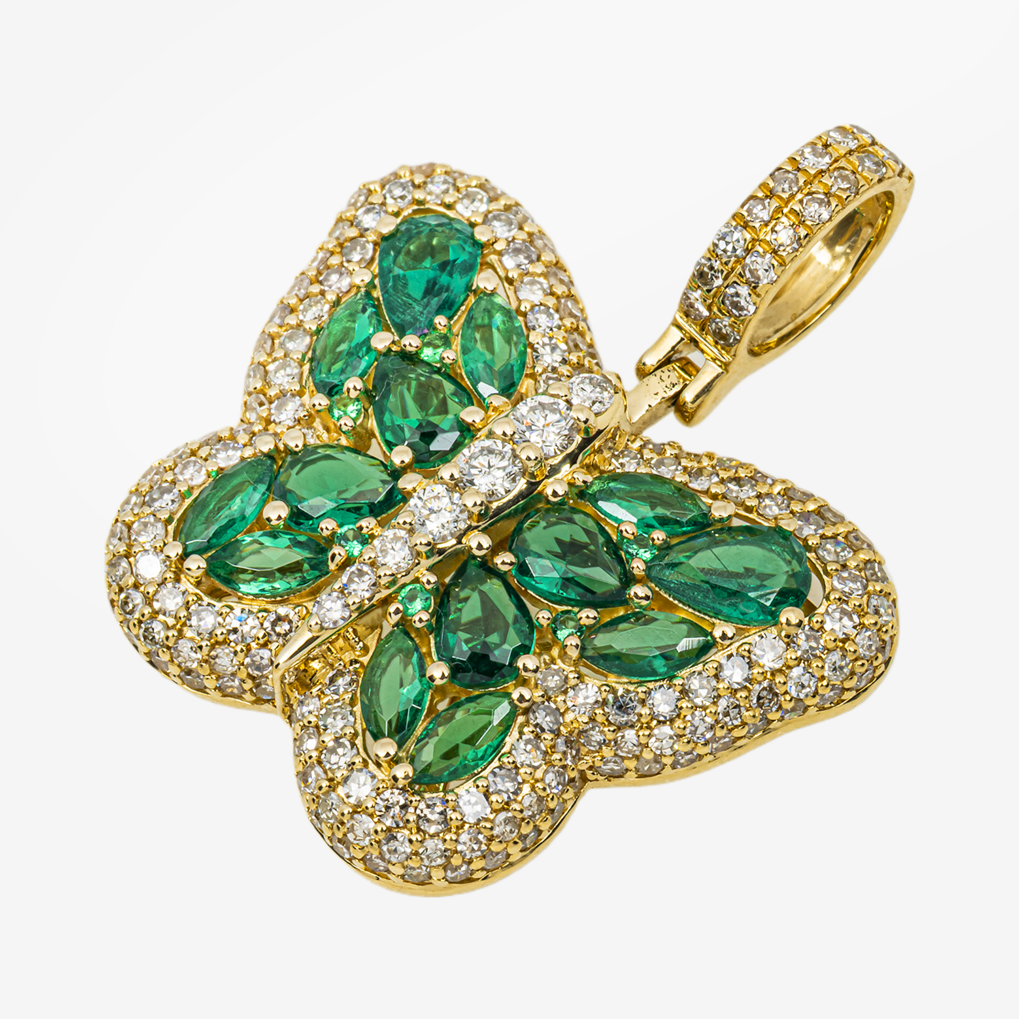 14K EMERALD & DIAMOND MARQUISE CUT PAVE GEMSTONE BUTTERFLY PENDANT IN YG