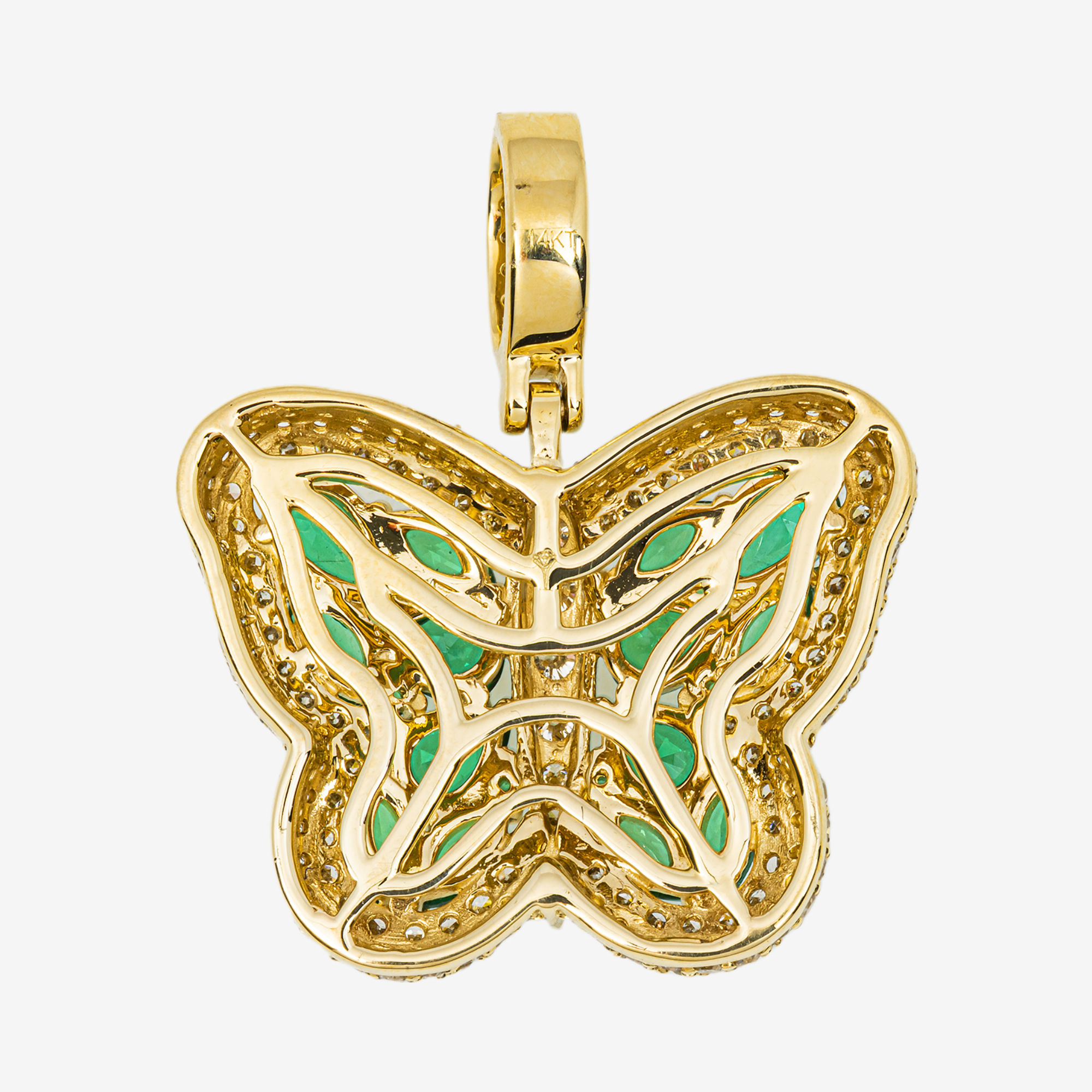 14K EMERALD & DIAMOND MARQUISE CUT PAVE GEMSTONE BUTTERFLY PENDANT IN YG