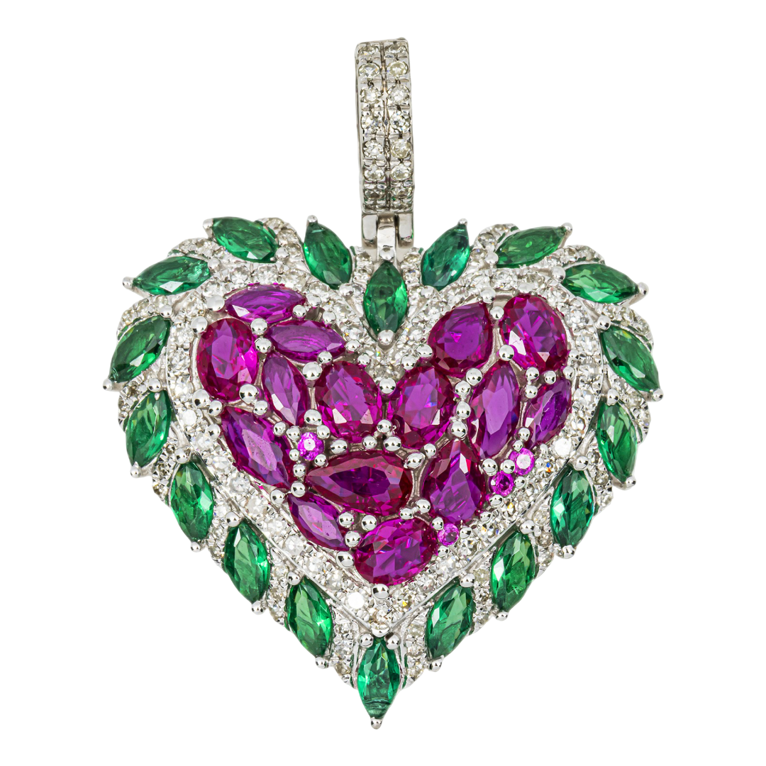 14K RUBY EMERALD & DIAMOND HEART MARQUISE PEAR CUT FLORAL CLUSTER PENDANT IN WG