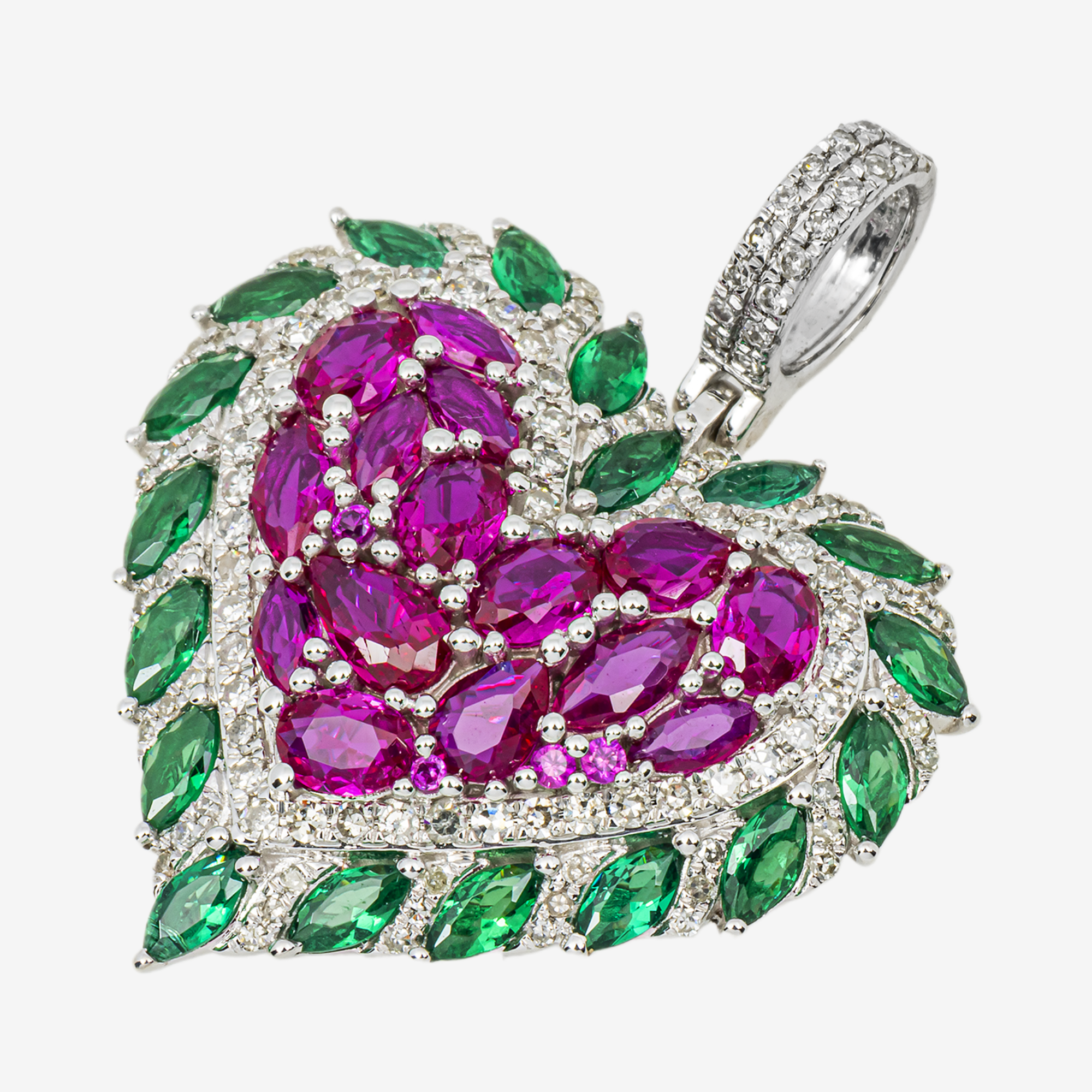 14K RUBY EMERALD & DIAMOND HEART MARQUISE PEAR CUT FLORAL CLUSTER PENDANT IN WG