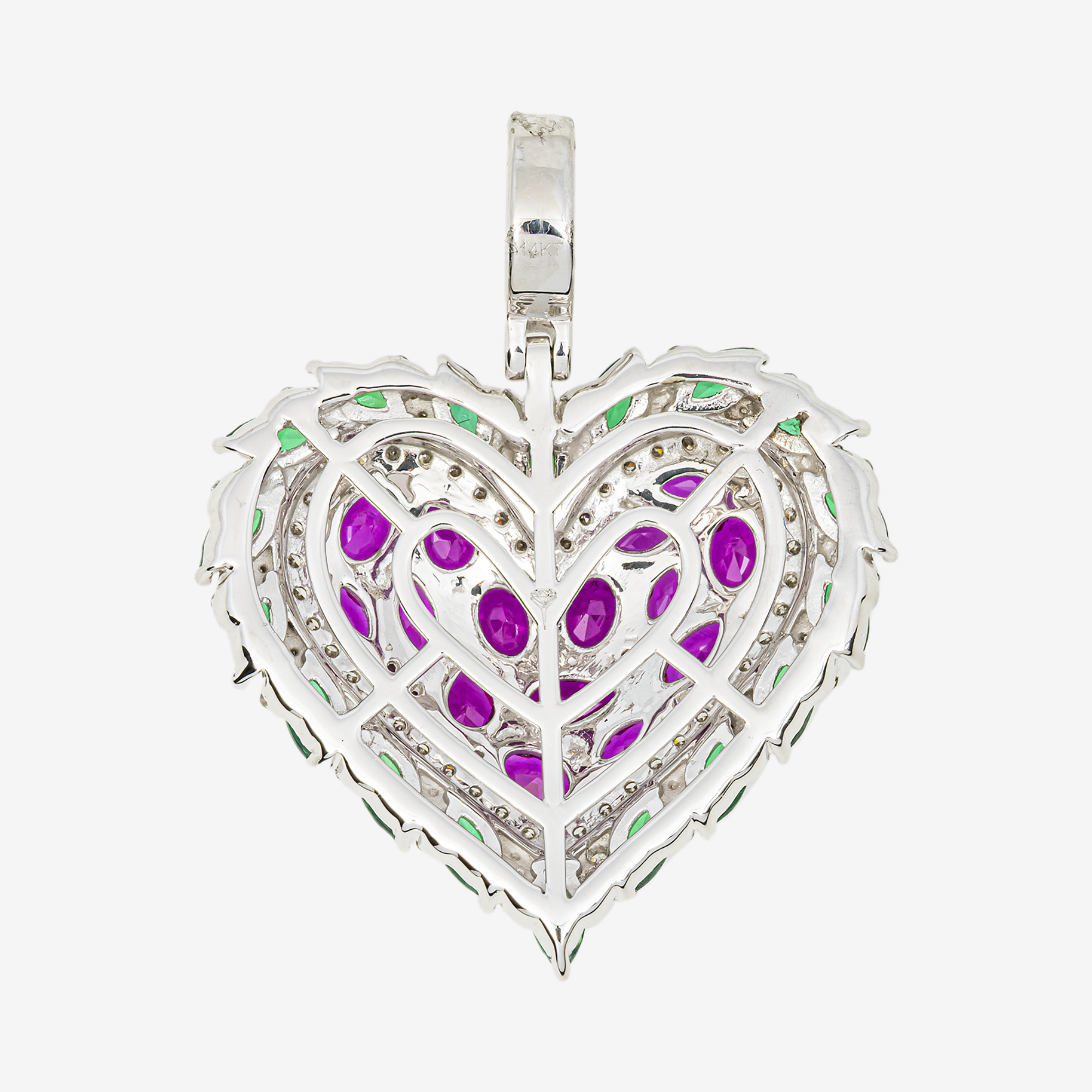 14K RUBY EMERALD & DIAMOND HEART MARQUISE PEAR CUT FLORAL CLUSTER PENDANT IN WG