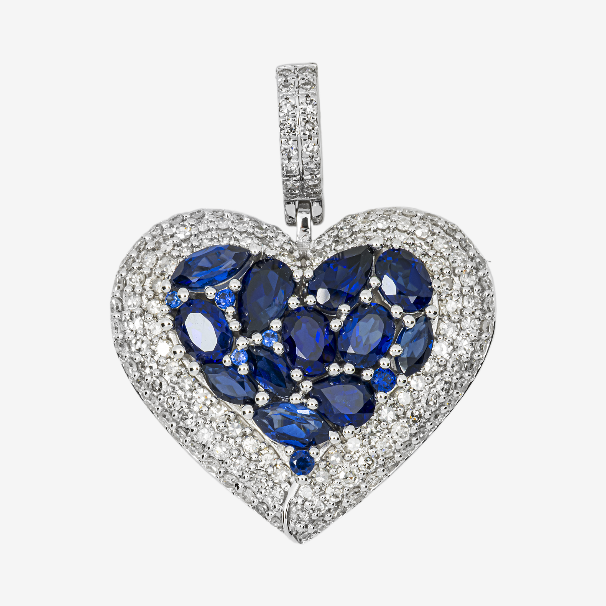 14K BLUE SAPPHIRE & DIAMOND OVAL MARQUISE PEAR CUT CLUSTER HEART PENDANT IN WG