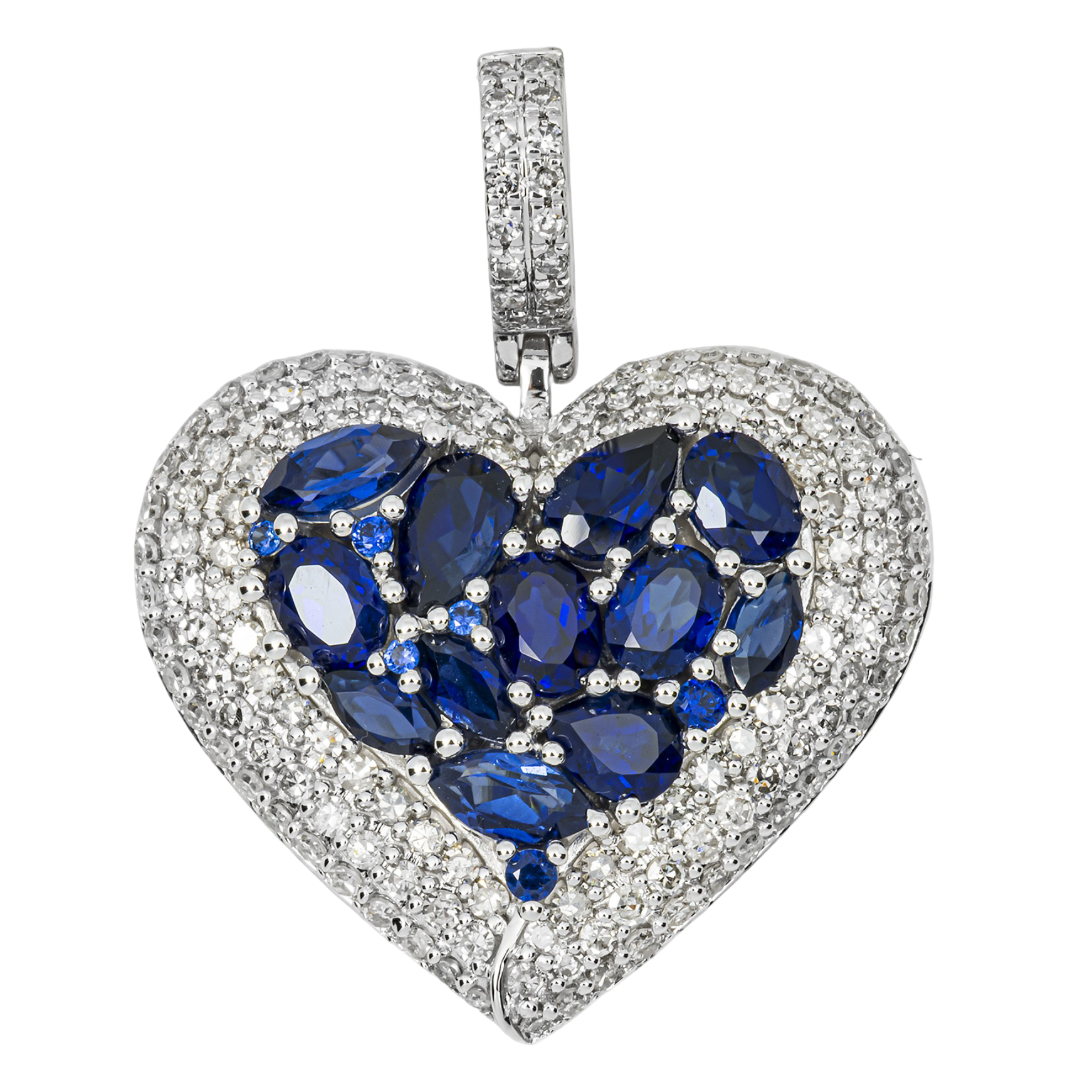 14K BLUE SAPPHIRE & DIAMOND OVAL MARQUISE PEAR CUT CLUSTER HEART PENDANT IN WG