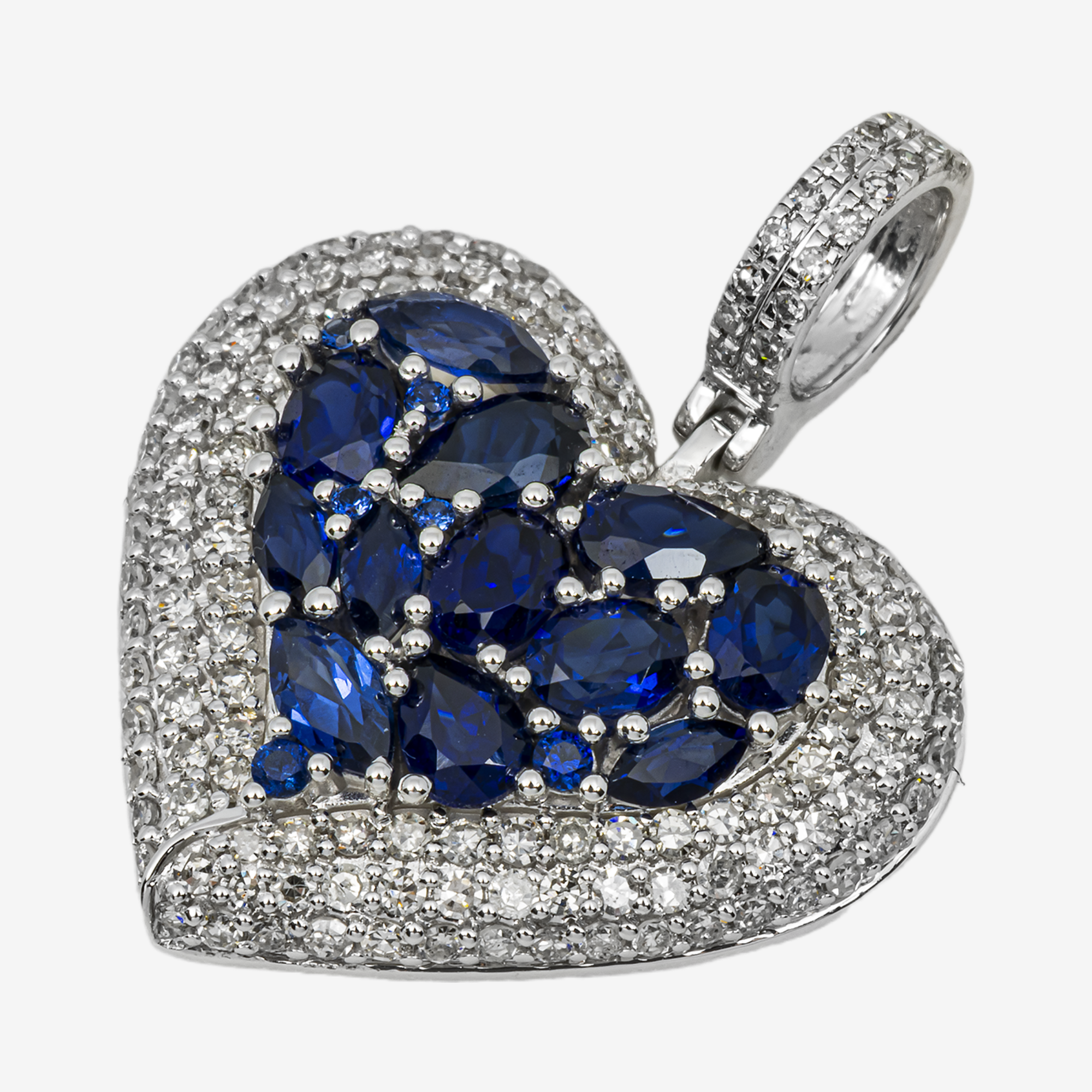14K BLUE SAPPHIRE & DIAMOND OVAL MARQUISE PEAR CUT CLUSTER HEART PENDANT IN WG