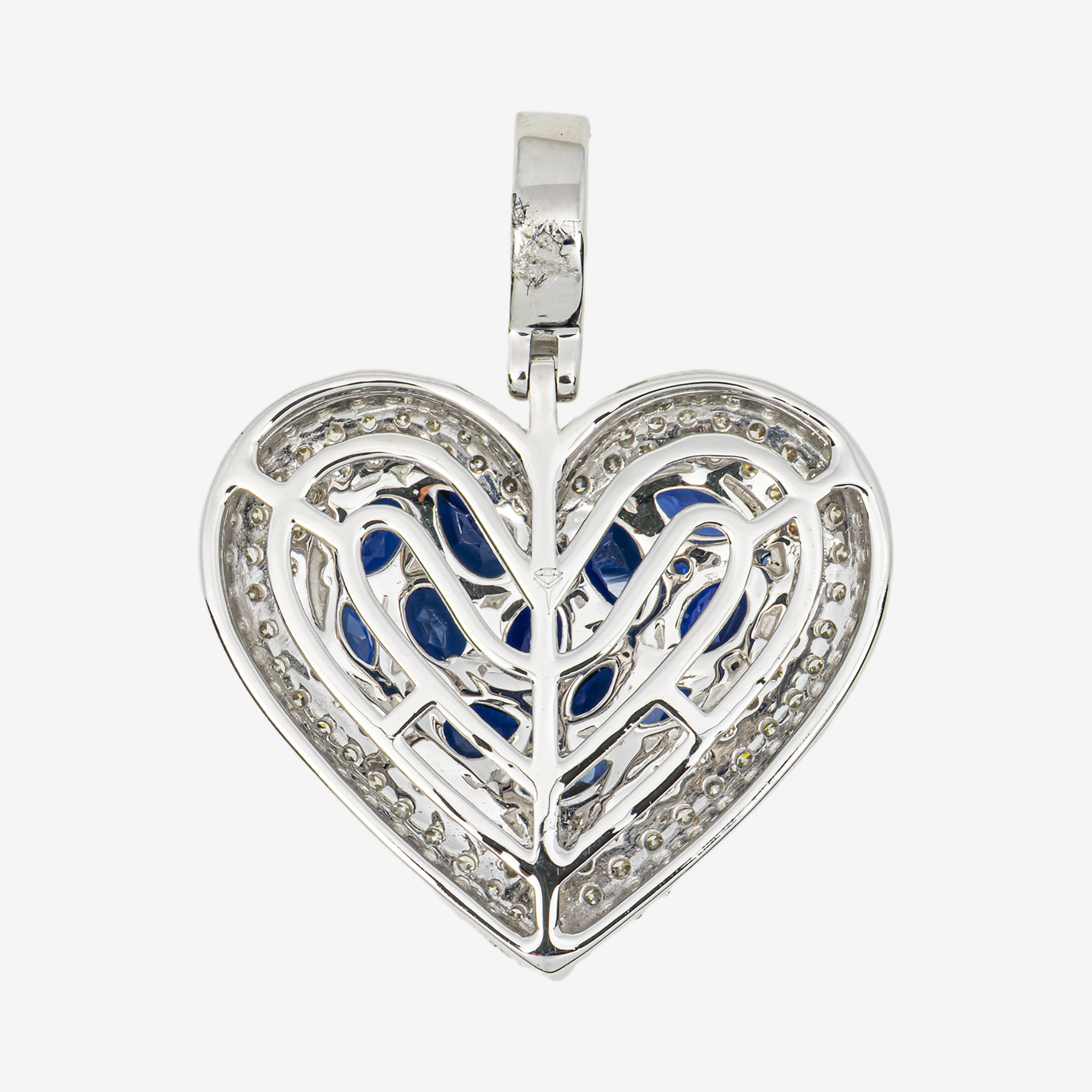 14K BLUE SAPPHIRE & DIAMOND OVAL MARQUISE PEAR CUT CLUSTER HEART PENDANT IN WG