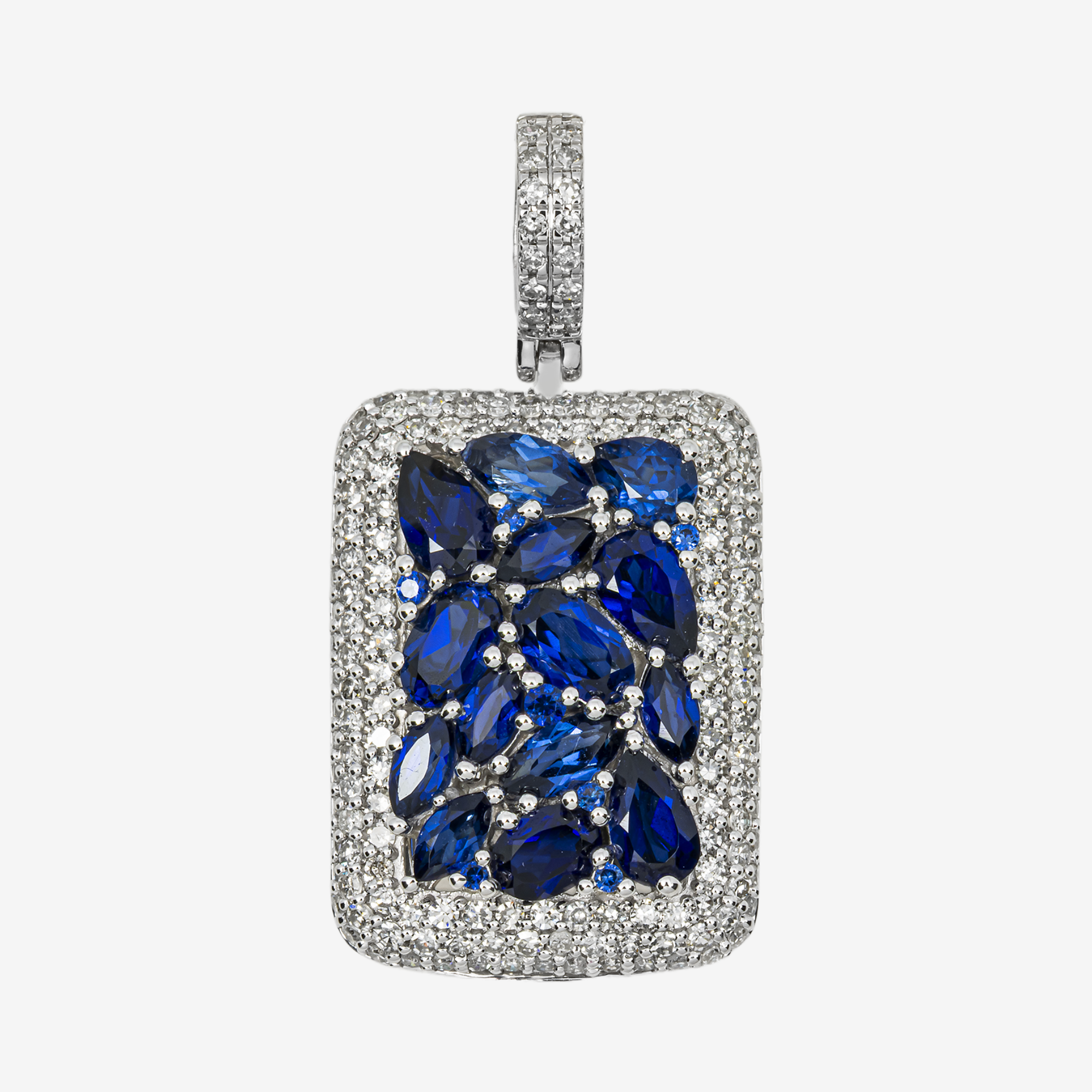 14K BLUE SAPPHIRE & DIAMOND MARQUISE PEAR CUT CLUSTER PAVE DOG TAG PENDANT IN WG