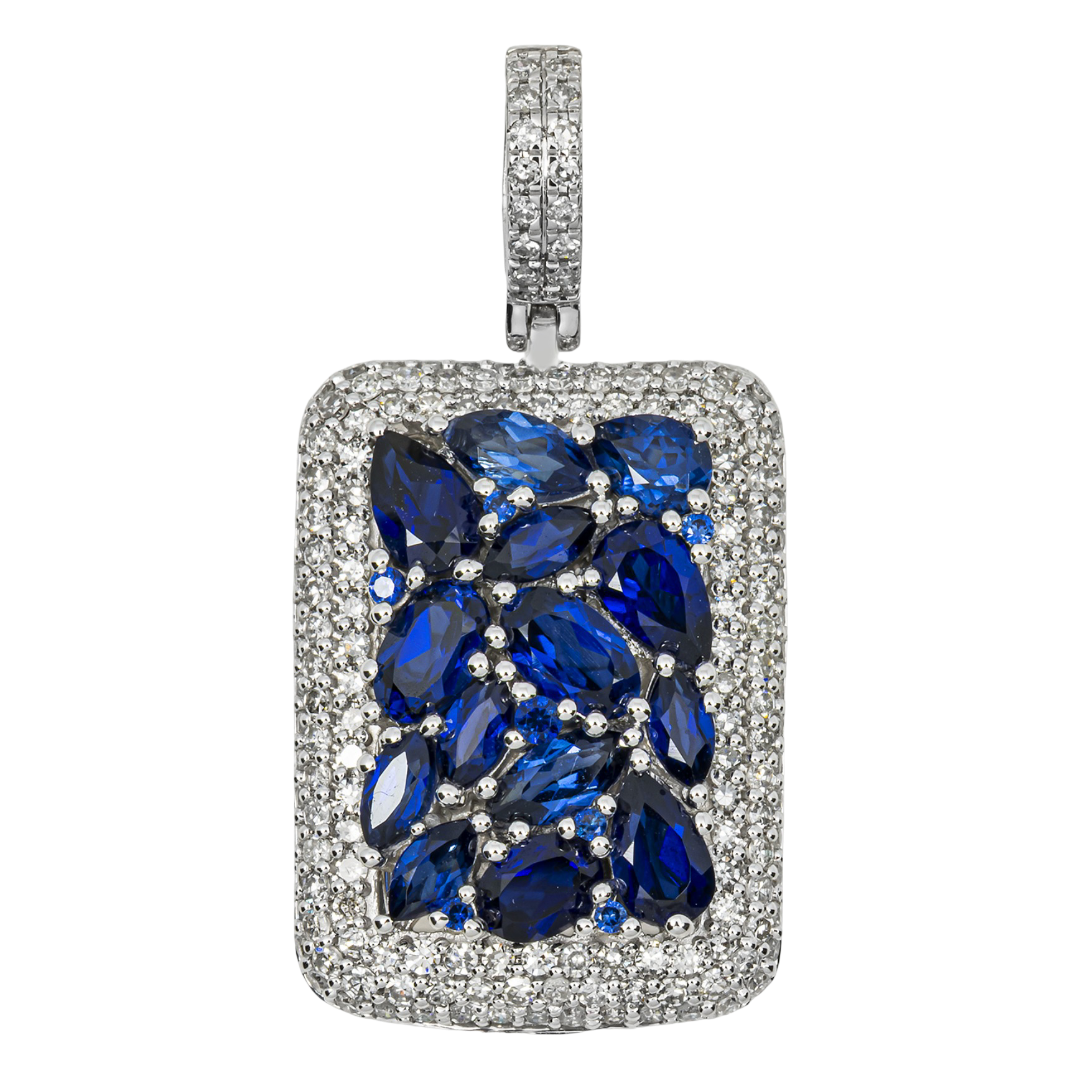 14K BLUE SAPPHIRE & DIAMOND MARQUISE PEAR CUT CLUSTER PAVE DOG TAG PENDANT IN WG