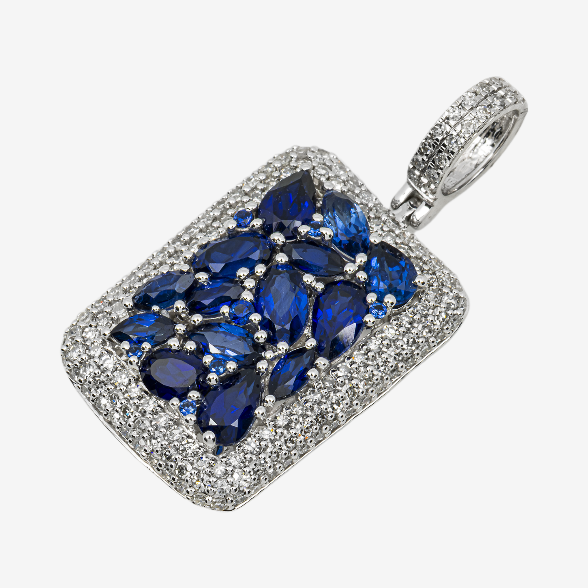 14K BLUE SAPPHIRE & DIAMOND MARQUISE PEAR CUT CLUSTER PAVE DOG TAG PENDANT IN WG