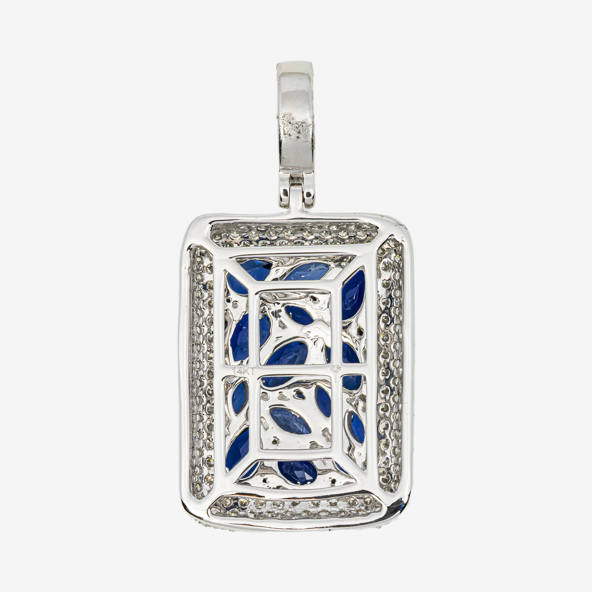 14K BLUE SAPPHIRE & DIAMOND MARQUISE PEAR CUT CLUSTER PAVE DOG TAG PENDANT IN WG