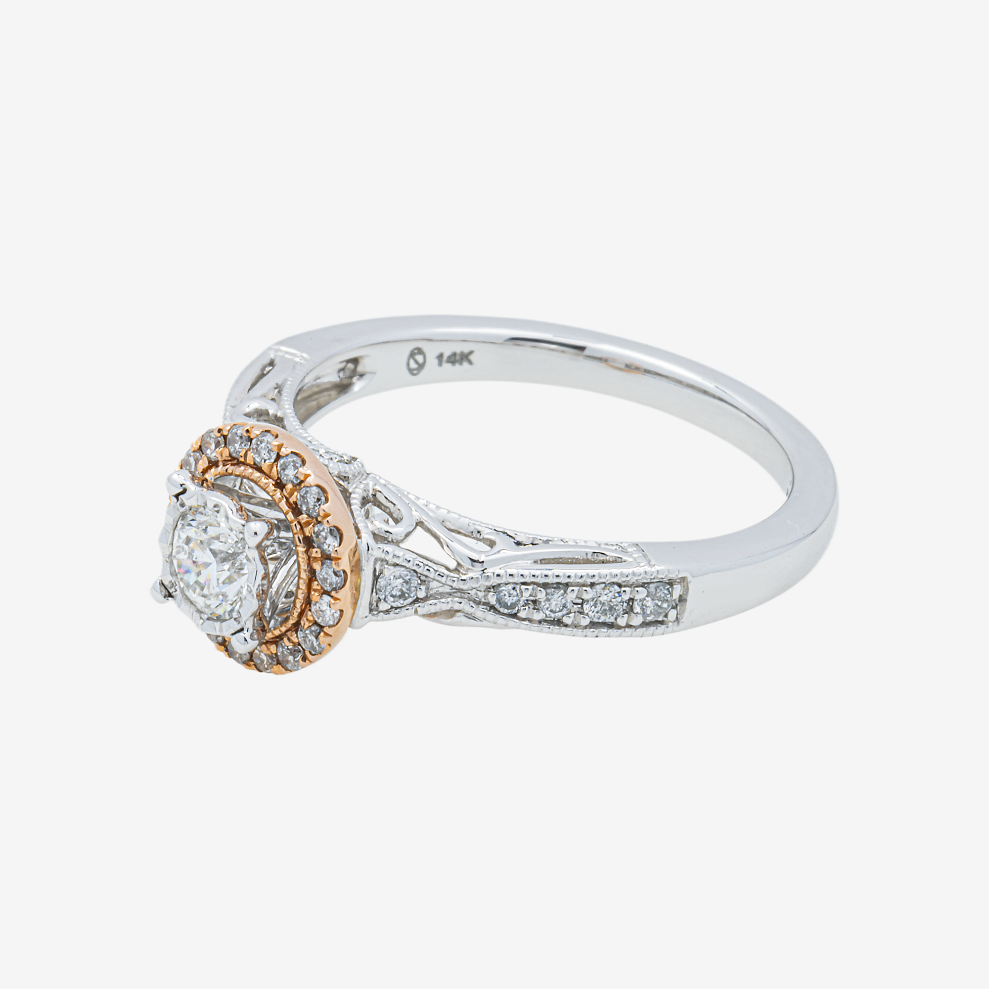 14K PAVE SPLIT SHANK HALO BAND RING IN WG 1.15 CT DIAMONDS