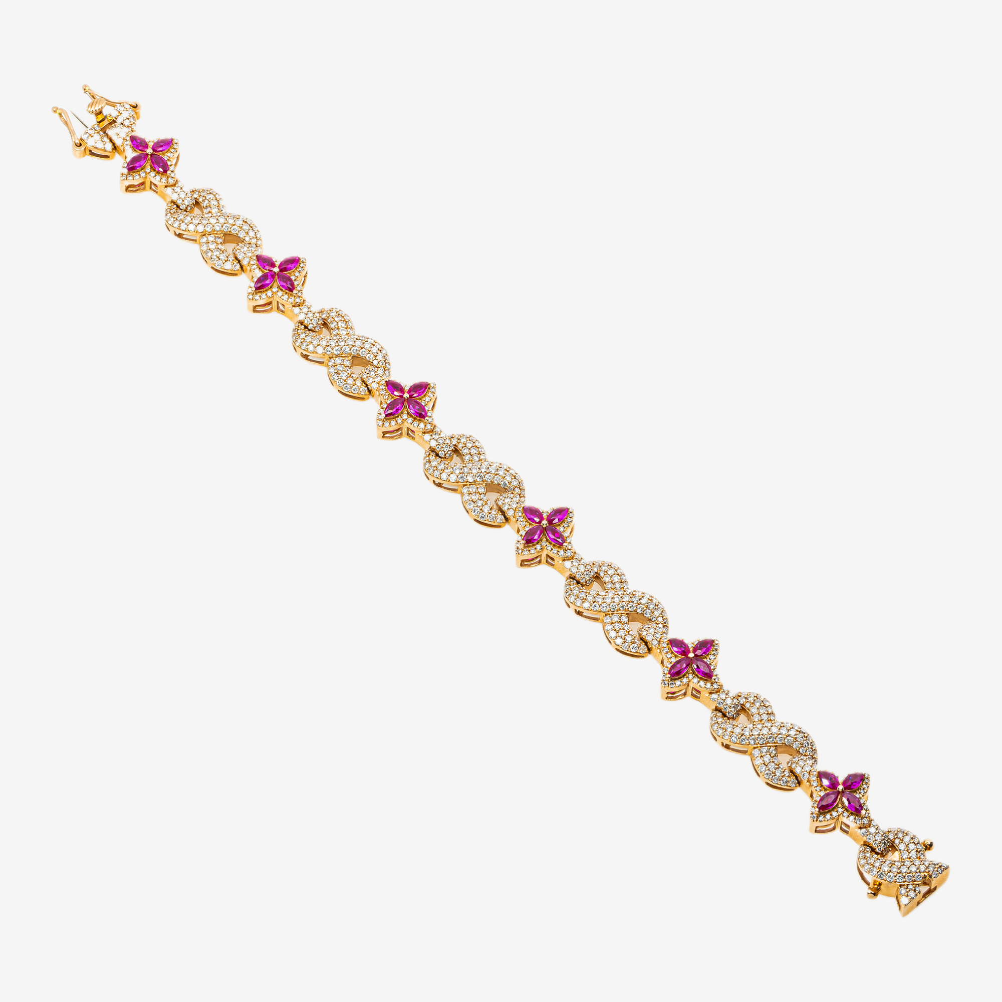 14K RUBY & DIAMOND MARQUISE CUT FLOWER CLUSTER PAVE FLORAL LINK BRACELET IN YG