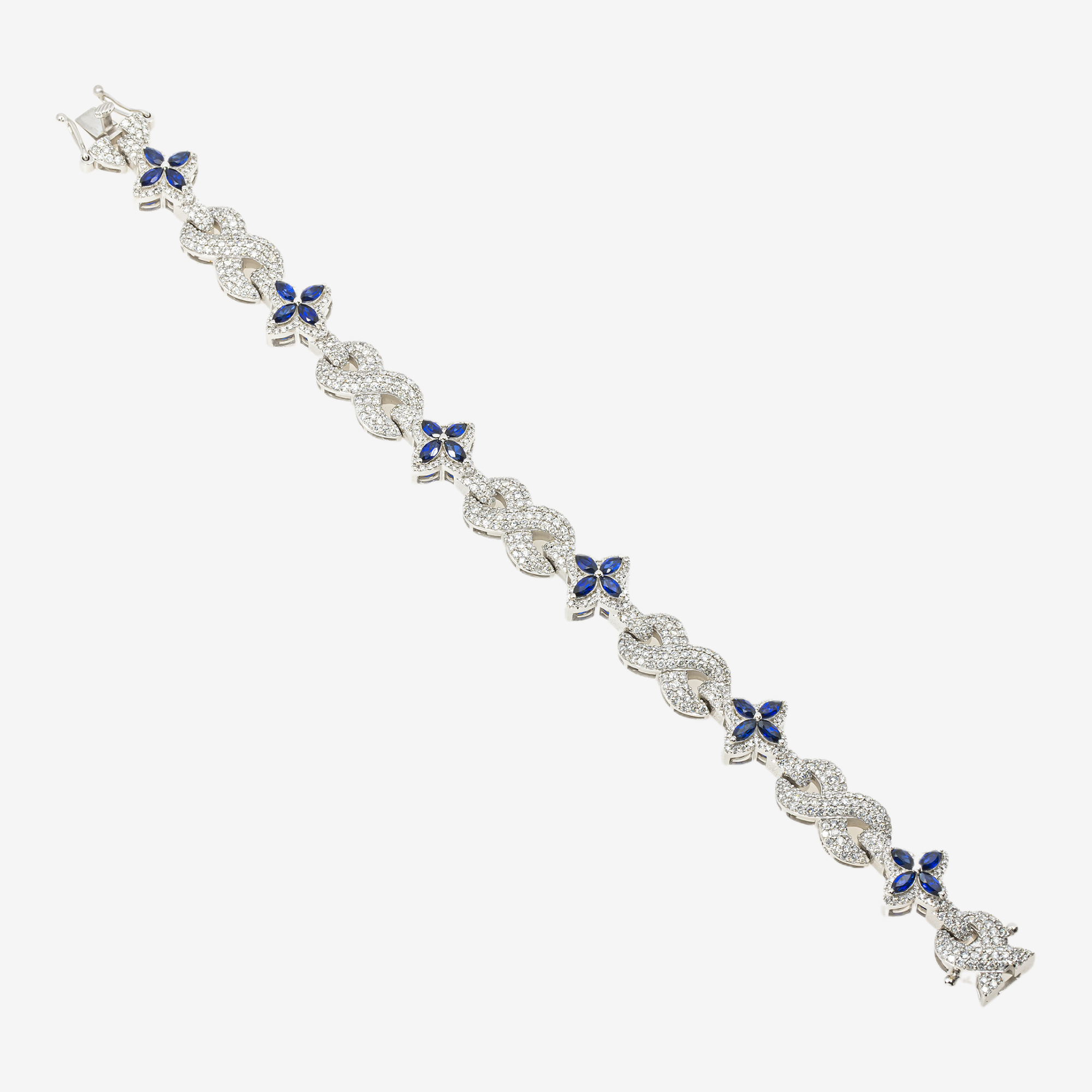 14K BLUE SAPPHIRE & DIAMOND FLORAL MARQUISE CUT FLOWER CLUSTER PAVE LINK BRACELET IN WG
