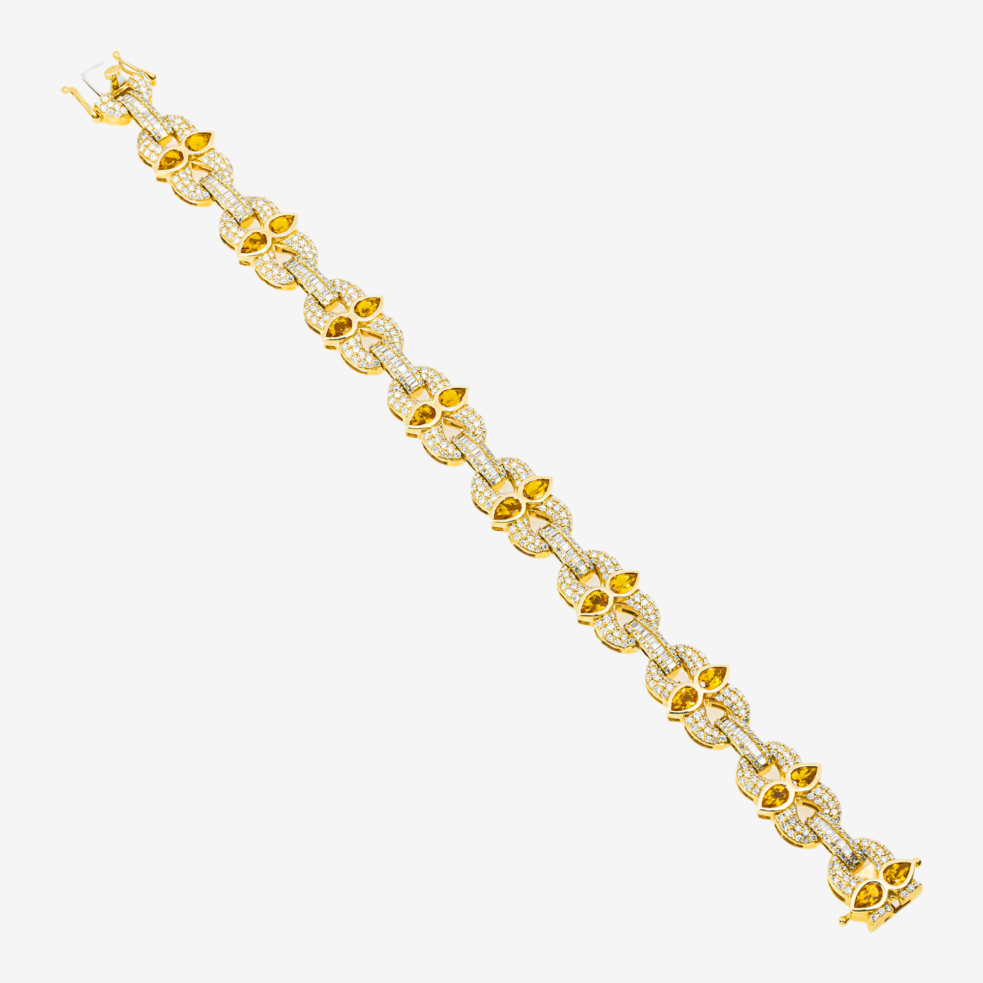14K CITRINE & DIAMOND FLORAL MARQUISE PEAR CUT FLOWER BAGUETTE PAVE LINK BRACELET IN YG