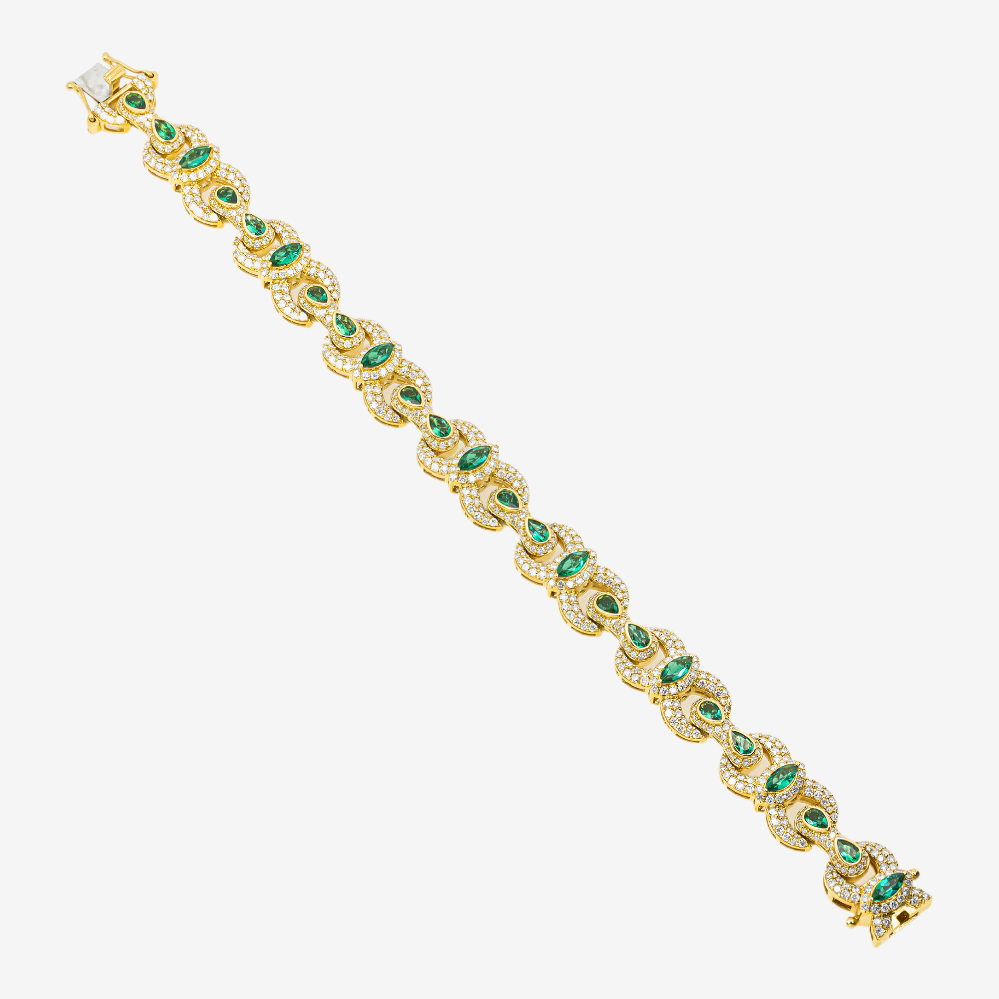 14K EMERALD & DIAMOND HALO MARQUISE PEAR CUT CLUSTER PAVE LINK BRACELET IN YG