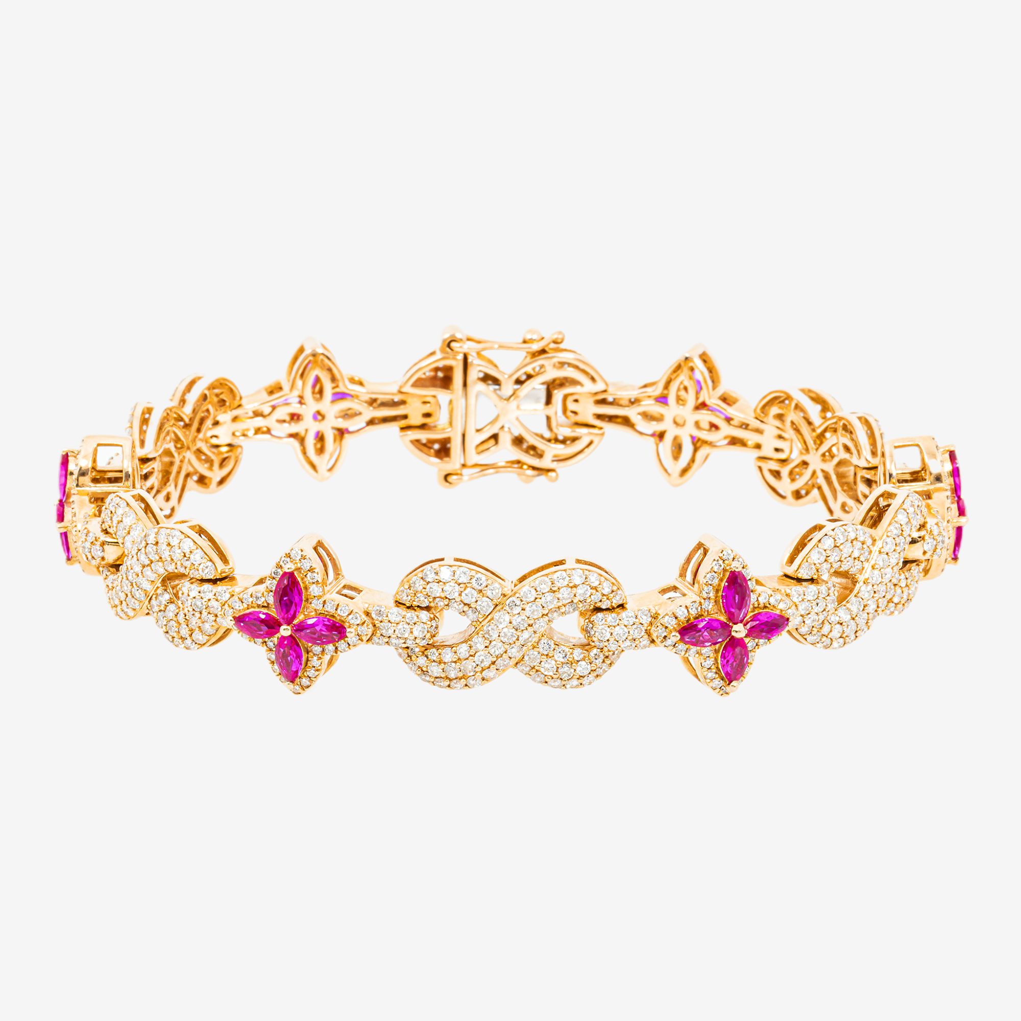 14K RUBY & DIAMOND MARQUISE CUT FLOWER CLUSTER PAVE FLORAL LINK BRACELET IN YG