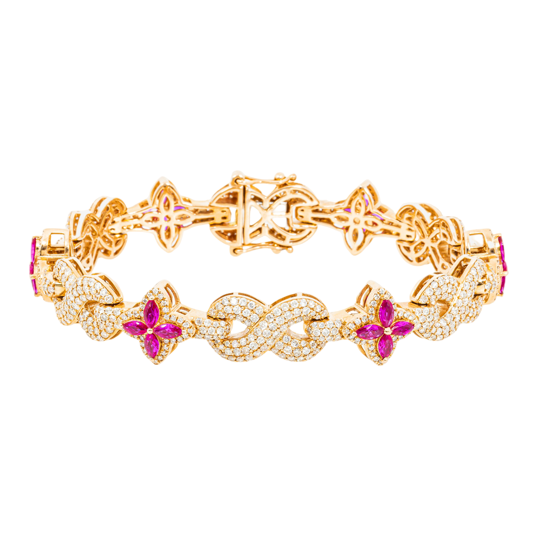 14K RUBY & DIAMOND MARQUISE CUT FLOWER CLUSTER PAVE FLORAL LINK BRACELET IN YG
