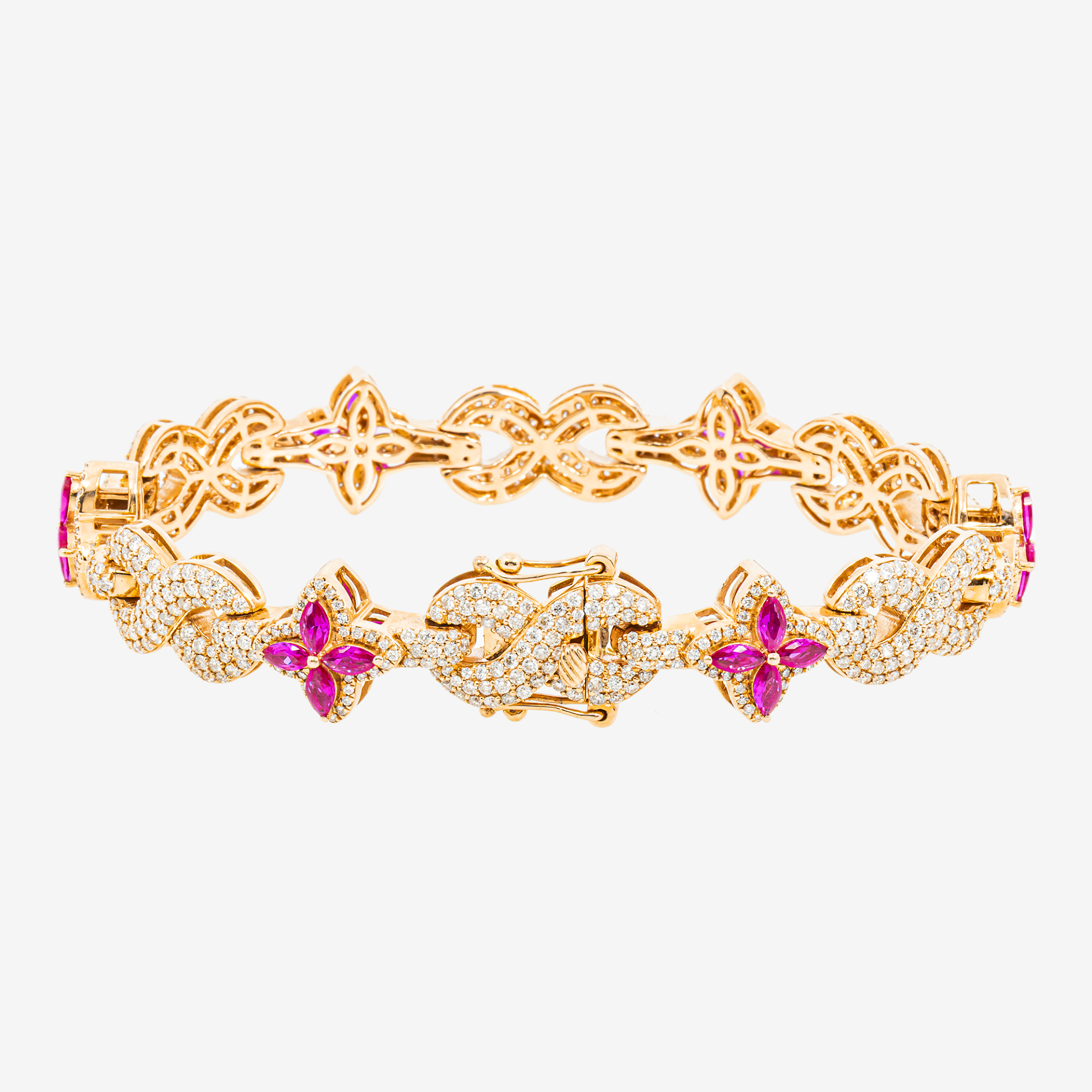 14K RUBY & DIAMOND MARQUISE CUT FLOWER CLUSTER PAVE FLORAL LINK BRACELET IN YG