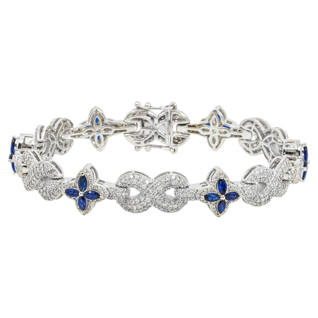 14K BLUE SAPPHIRE & DIAMOND FLORAL MARQUISE CUT FLOWER CLUSTER PAVE LINK BRACELET IN WG