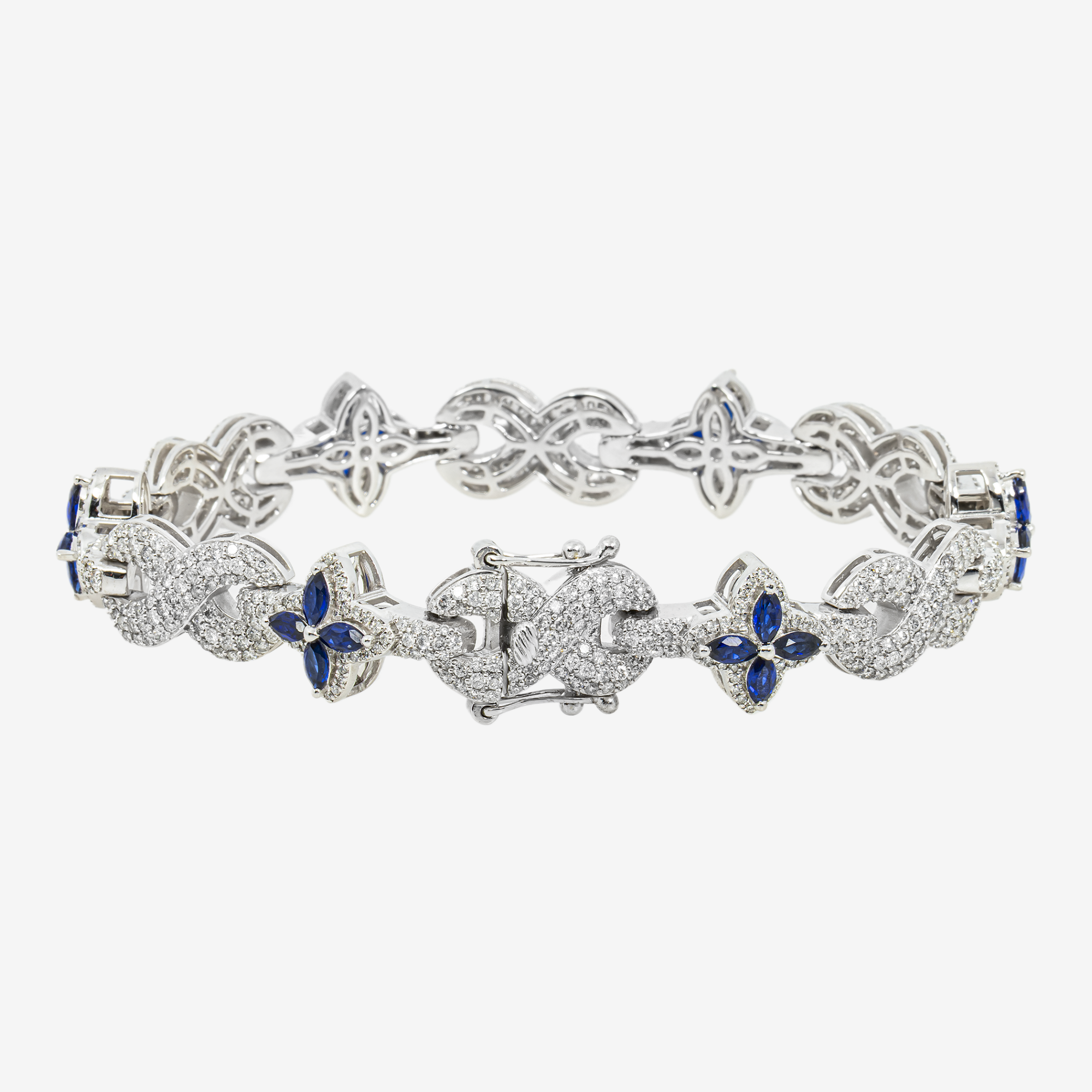 14K BLUE SAPPHIRE & DIAMOND FLORAL MARQUISE CUT FLOWER CLUSTER PAVE LINK BRACELET IN WG