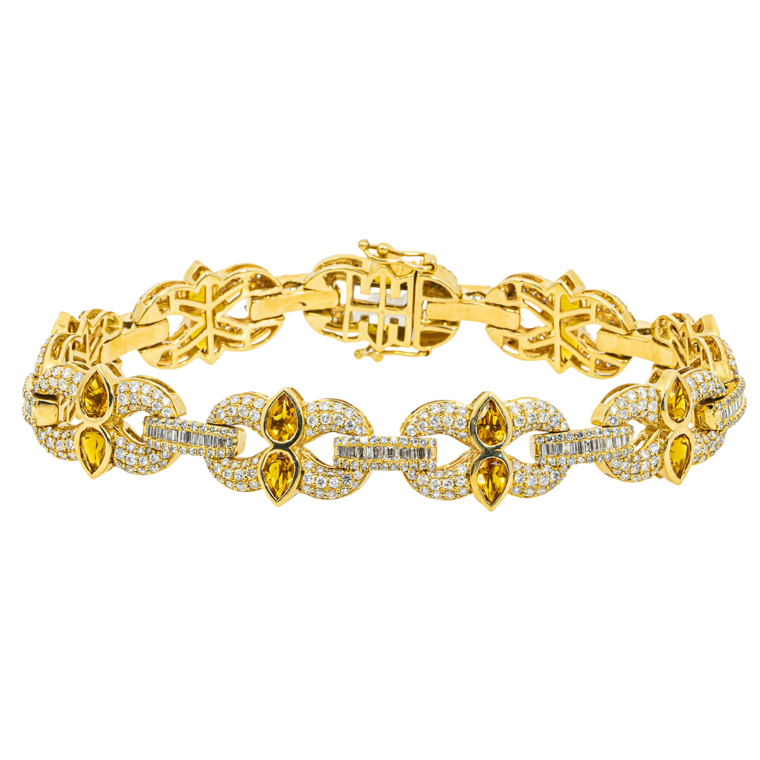 14K CITRINE & DIAMOND FLORAL MARQUISE PEAR CUT FLOWER BAGUETTE PAVE LINK BRACELET IN YG
