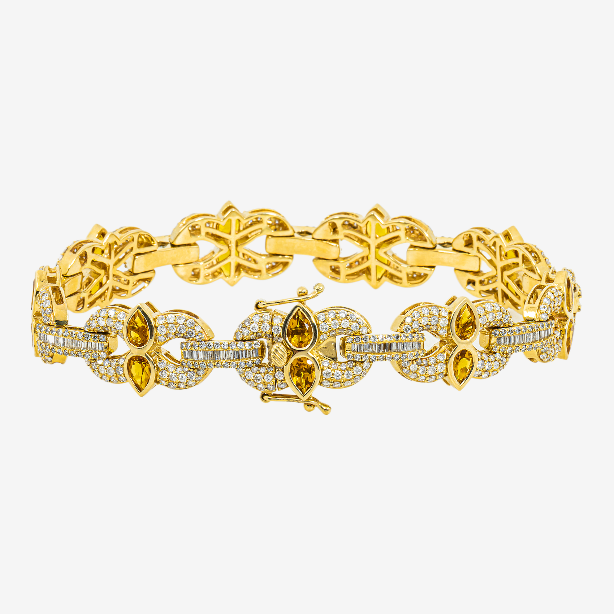 14K CITRINE & DIAMOND FLORAL MARQUISE PEAR CUT FLOWER BAGUETTE PAVE LINK BRACELET IN YG