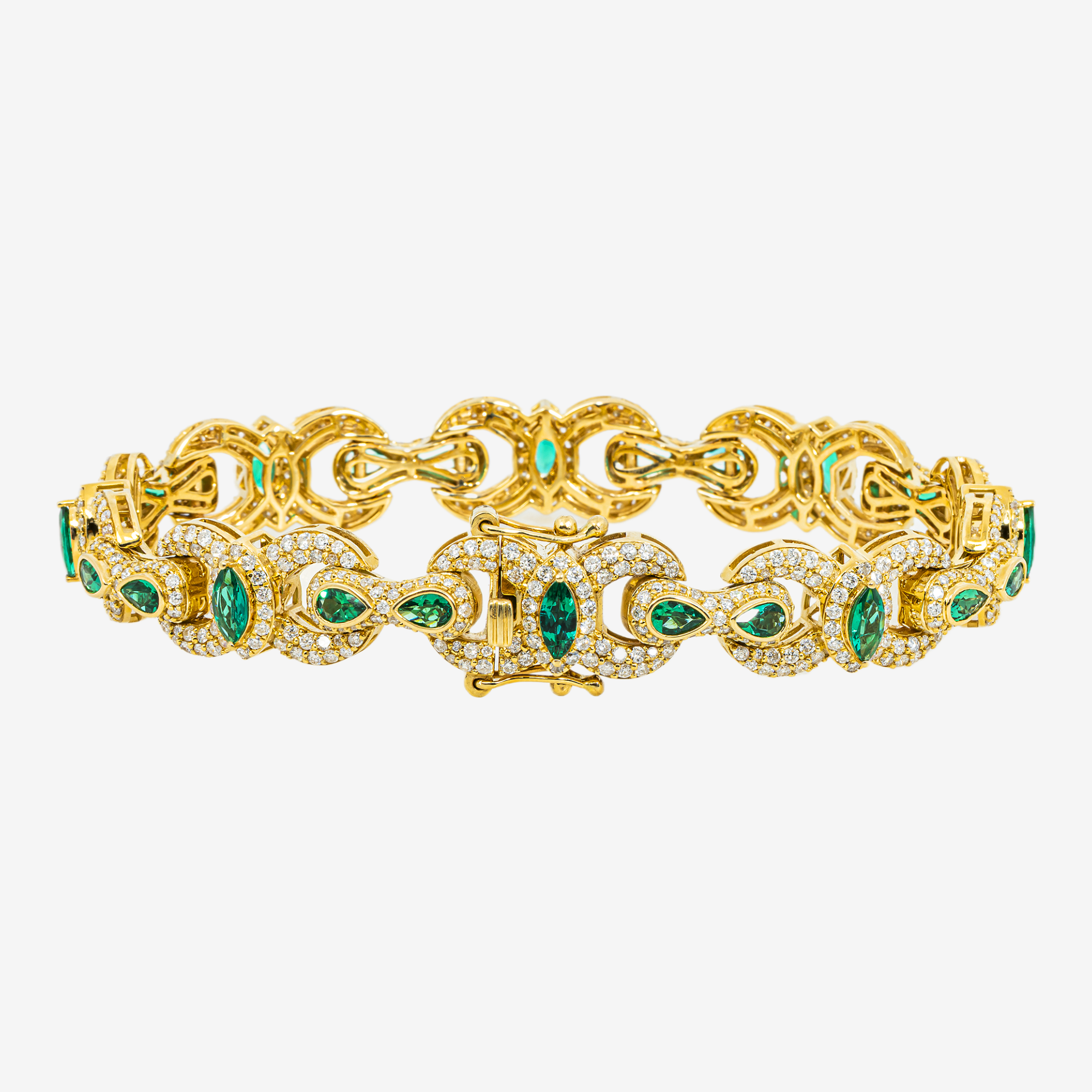 14K EMERALD & DIAMOND HALO MARQUISE PEAR CUT CLUSTER PAVE LINK BRACELET IN YG