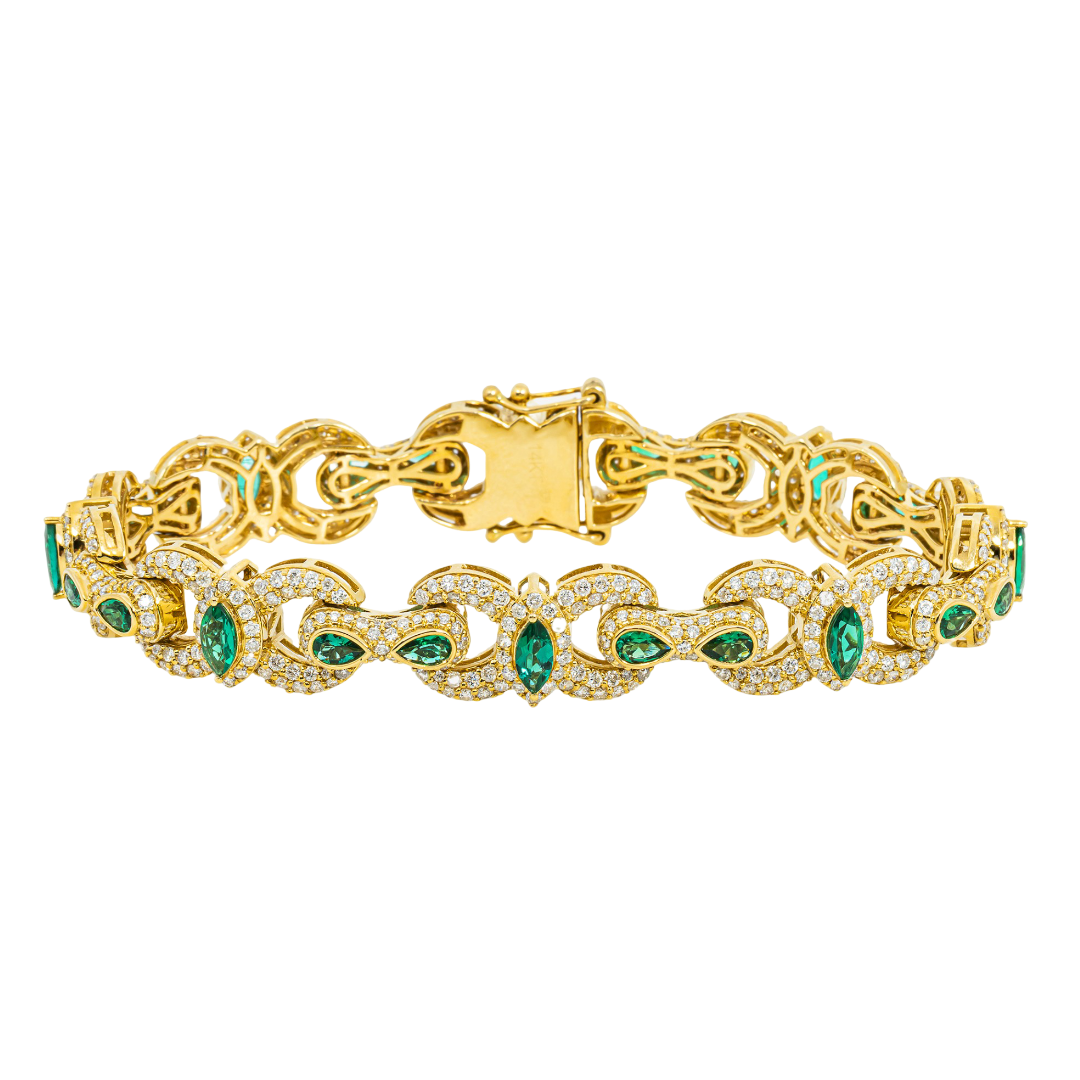 14K EMERALD & DIAMOND HALO MARQUISE PEAR CUT CLUSTER PAVE LINK BRACELET IN YG