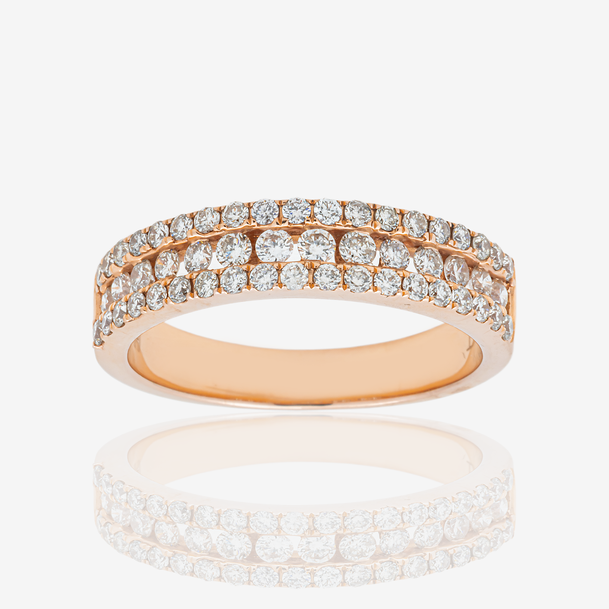14K TRIPLE ROW RING IN RG 1.7 CT DIAMONDS