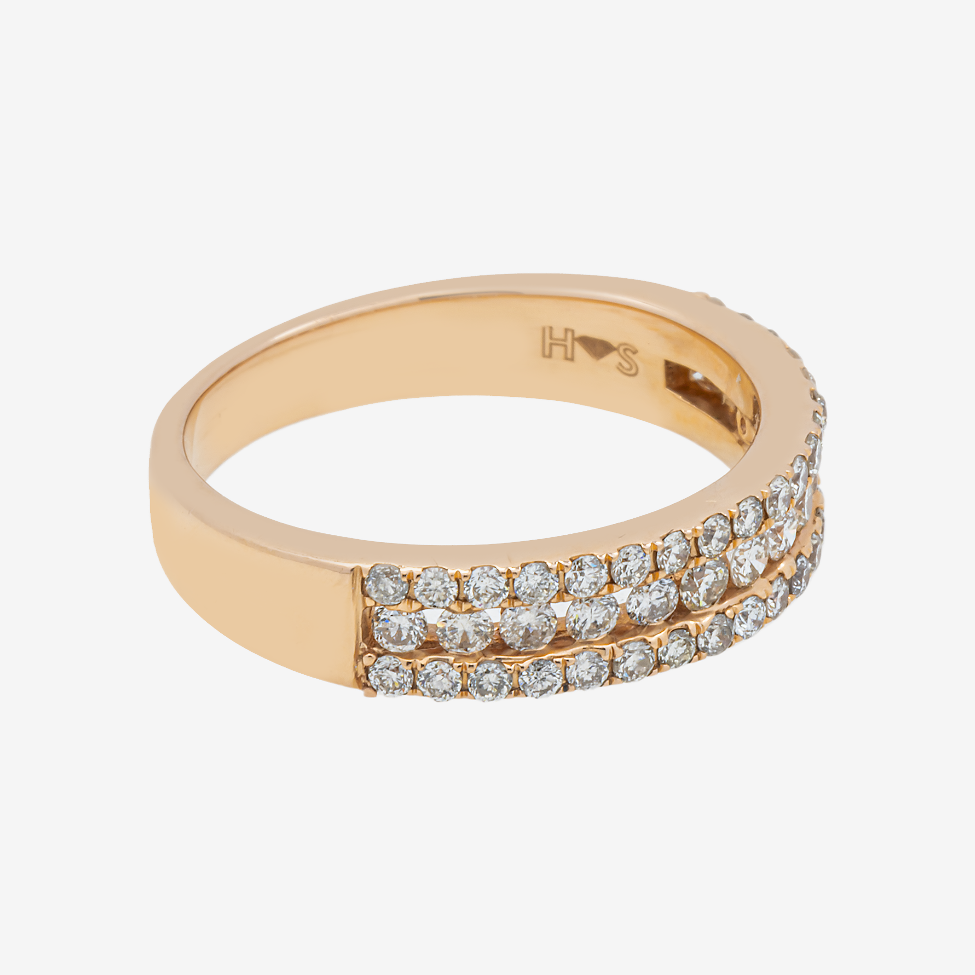 14K TRIPLE ROW RING IN RG 1.7 CT DIAMONDS