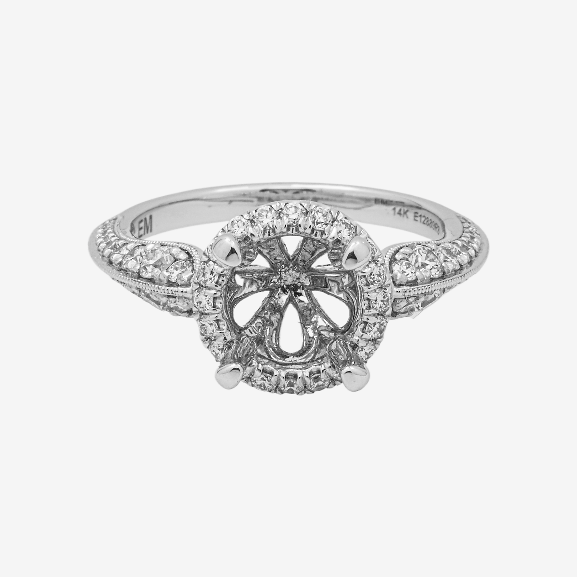 14K ROUND ENGAGEMENT RING MOUNTING IN WG 1.1CT DIAMONDS