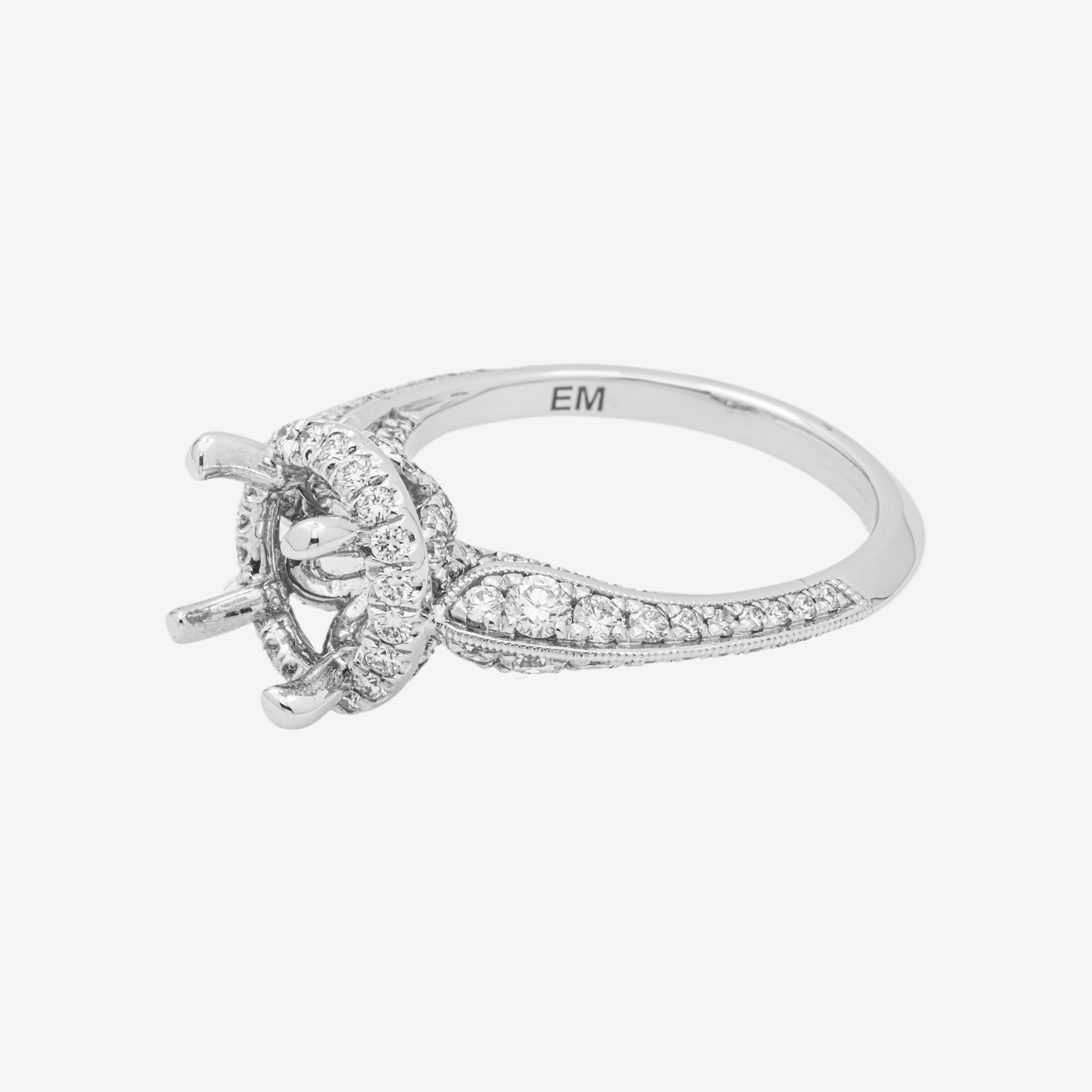 14K ROUND ENGAGEMENT RING MOUNTING IN WG 1.1CT DIAMONDS