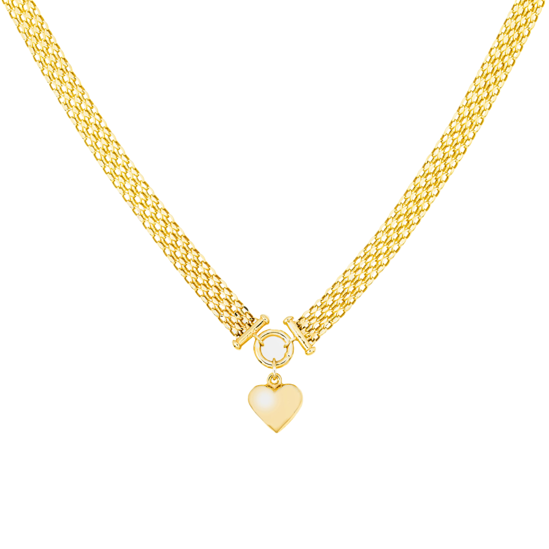 14K MESH CHAIN HEART CHARM NECKLACE POPCORN MESH TOGGLE CLASP PUFFED HEART PENDANT IN YG