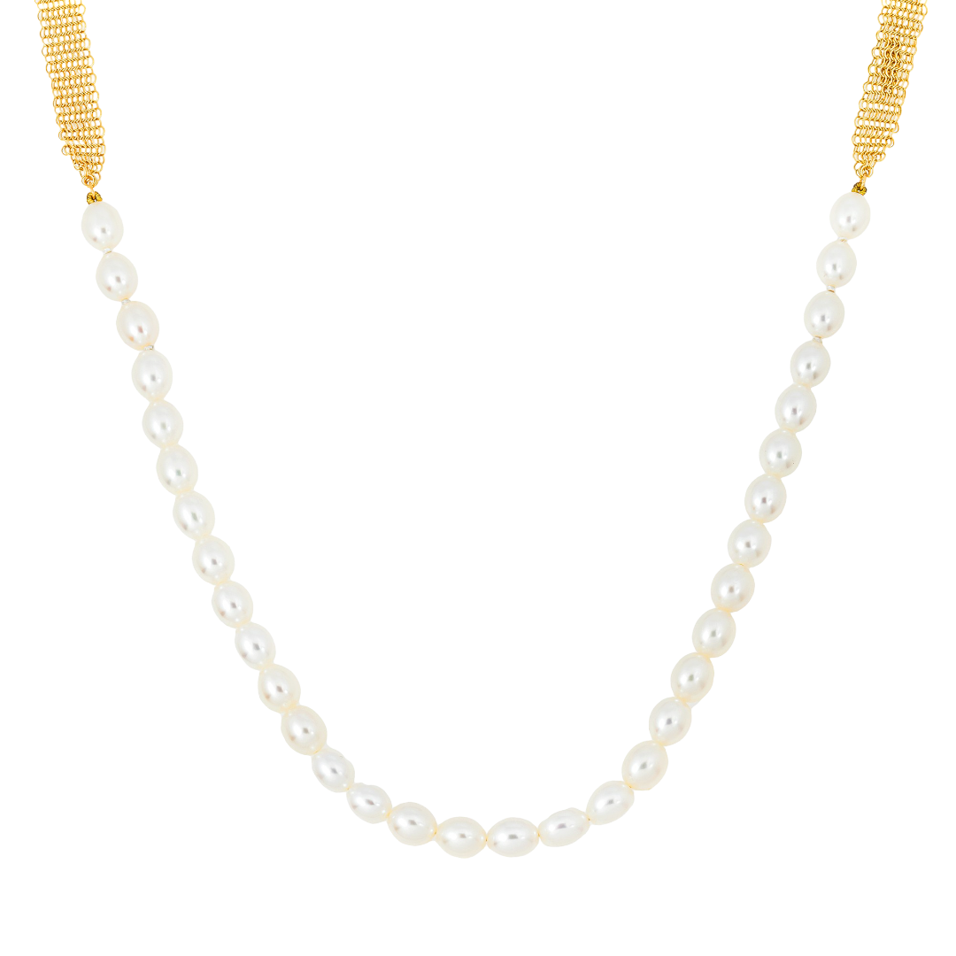 14K YELLOW GOLD MESH CHAIN & FRESHWATER PEARL NECKLACE OVAL PEARL GOLD MESH LINK STATEMENT LAYERING NECKLACE