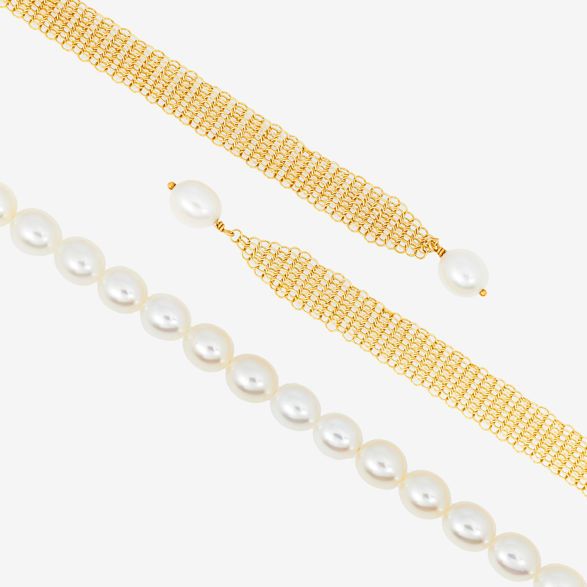 14K YELLOW GOLD MESH CHAIN & FRESHWATER PEARL NECKLACE OVAL PEARL GOLD MESH LINK STATEMENT LAYERING NECKLACE