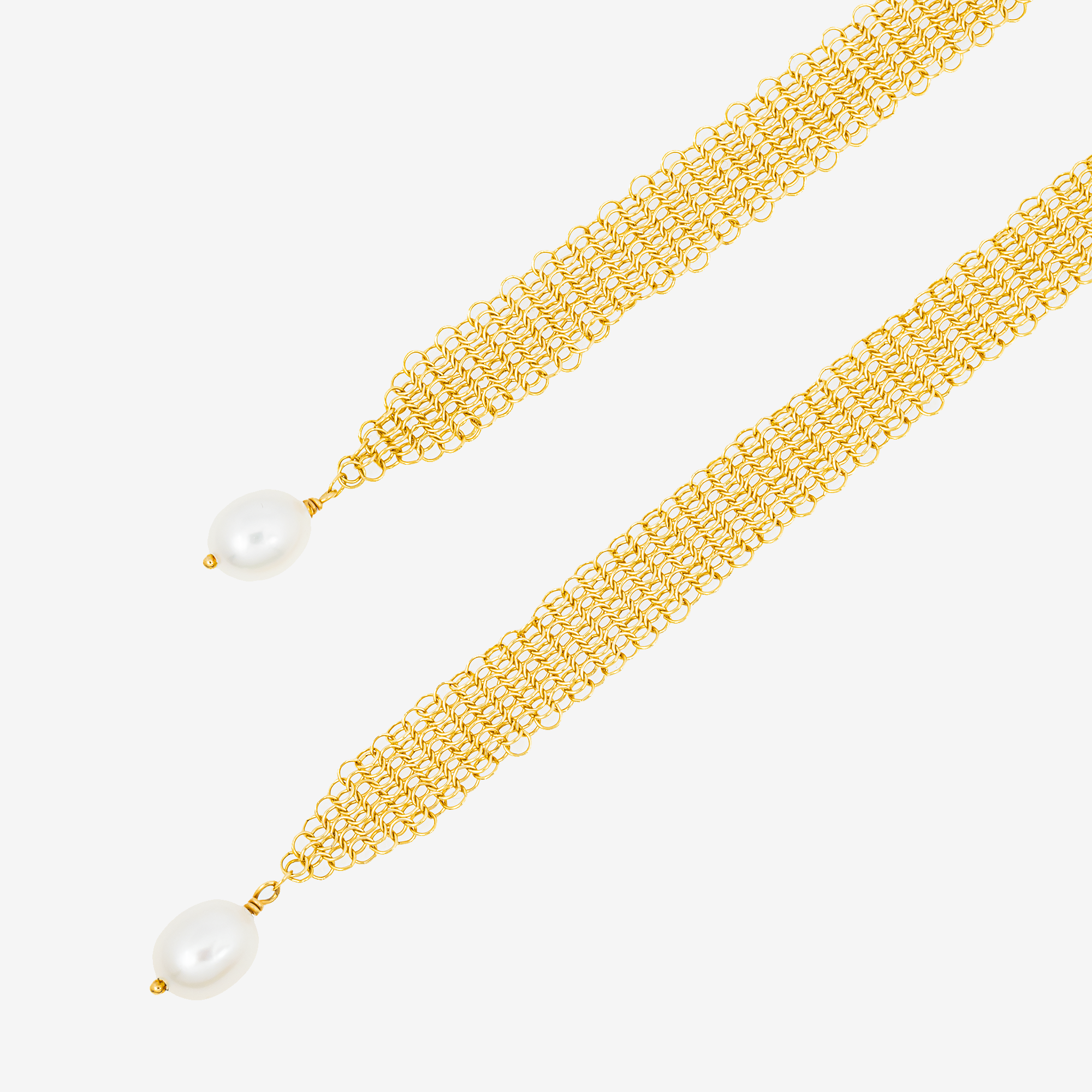 14K YELLOW GOLD MESH CHAIN & FRESHWATER PEARL NECKLACE OVAL PEARL GOLD MESH LINK STATEMENT LAYERING NECKLACE
