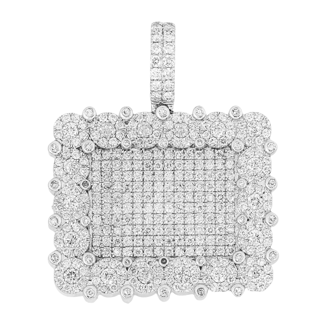 14K FULL PAVE DIAMOND SQUARE PENDANT ICED OUT ROUND DIAMOND CLUSTER BEZEL BORDER IN WG